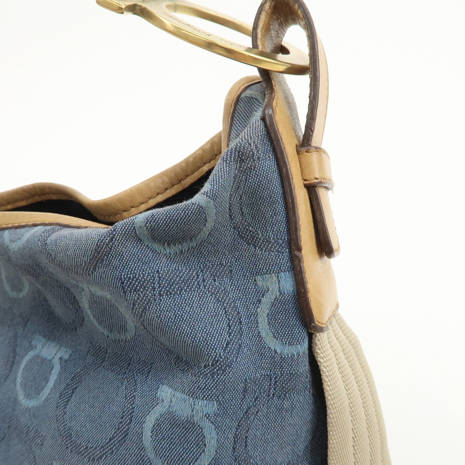 Ferragamo Gancini Canvas Leather Shoulder Bag Hand Bag Blue Beige