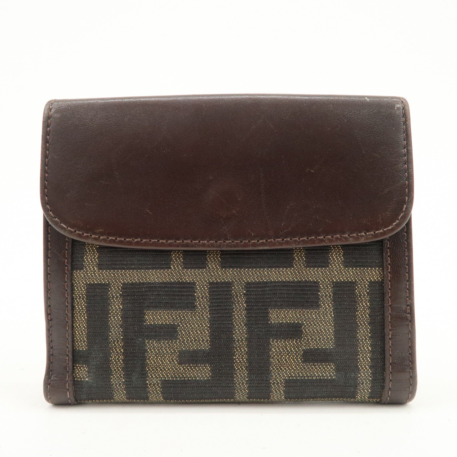 FENDI Zucca Logo Canvas Leather Compact Wallet Brown 12671