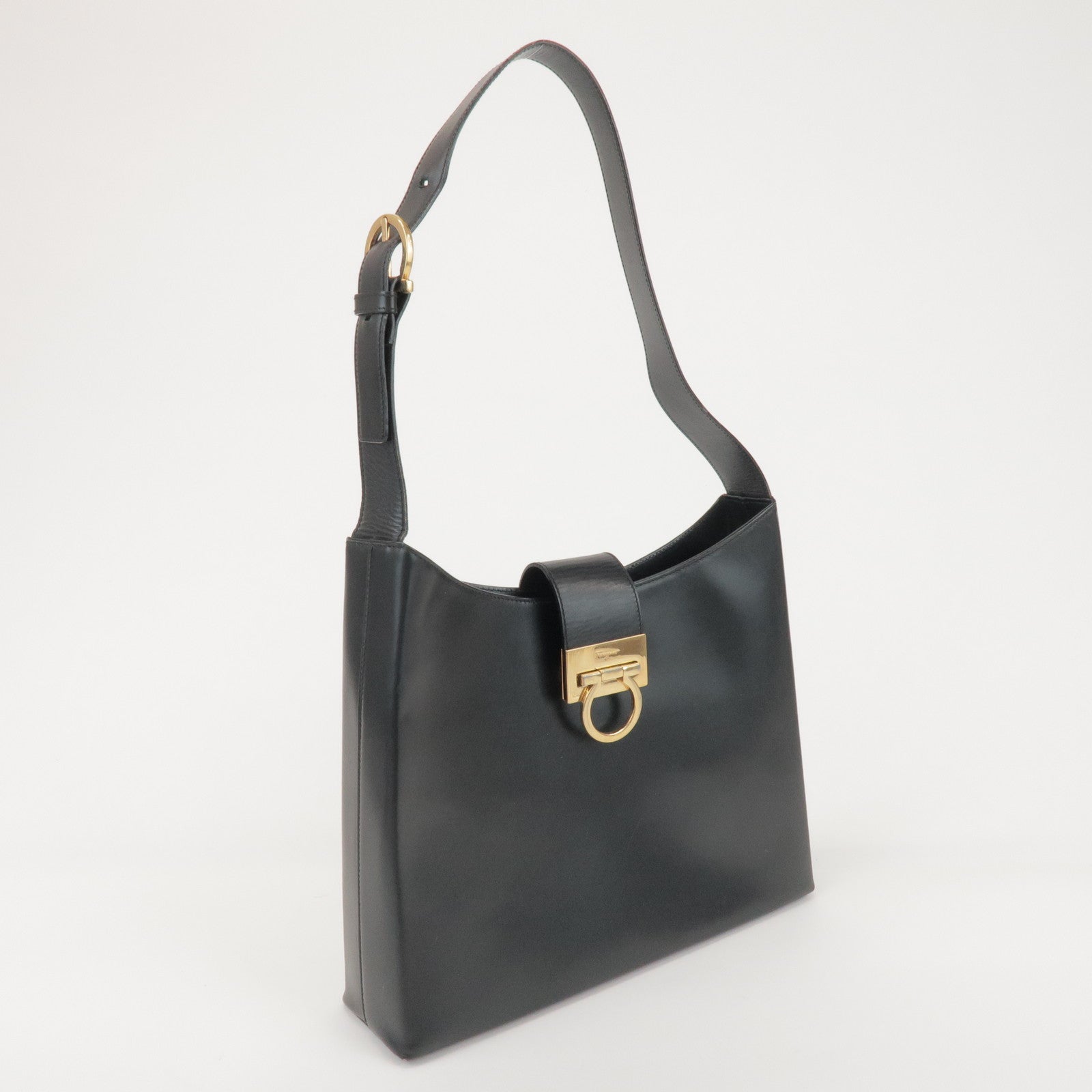Ferragamo Gancini Calf Leather Shoulder Bag Hand Bag Black