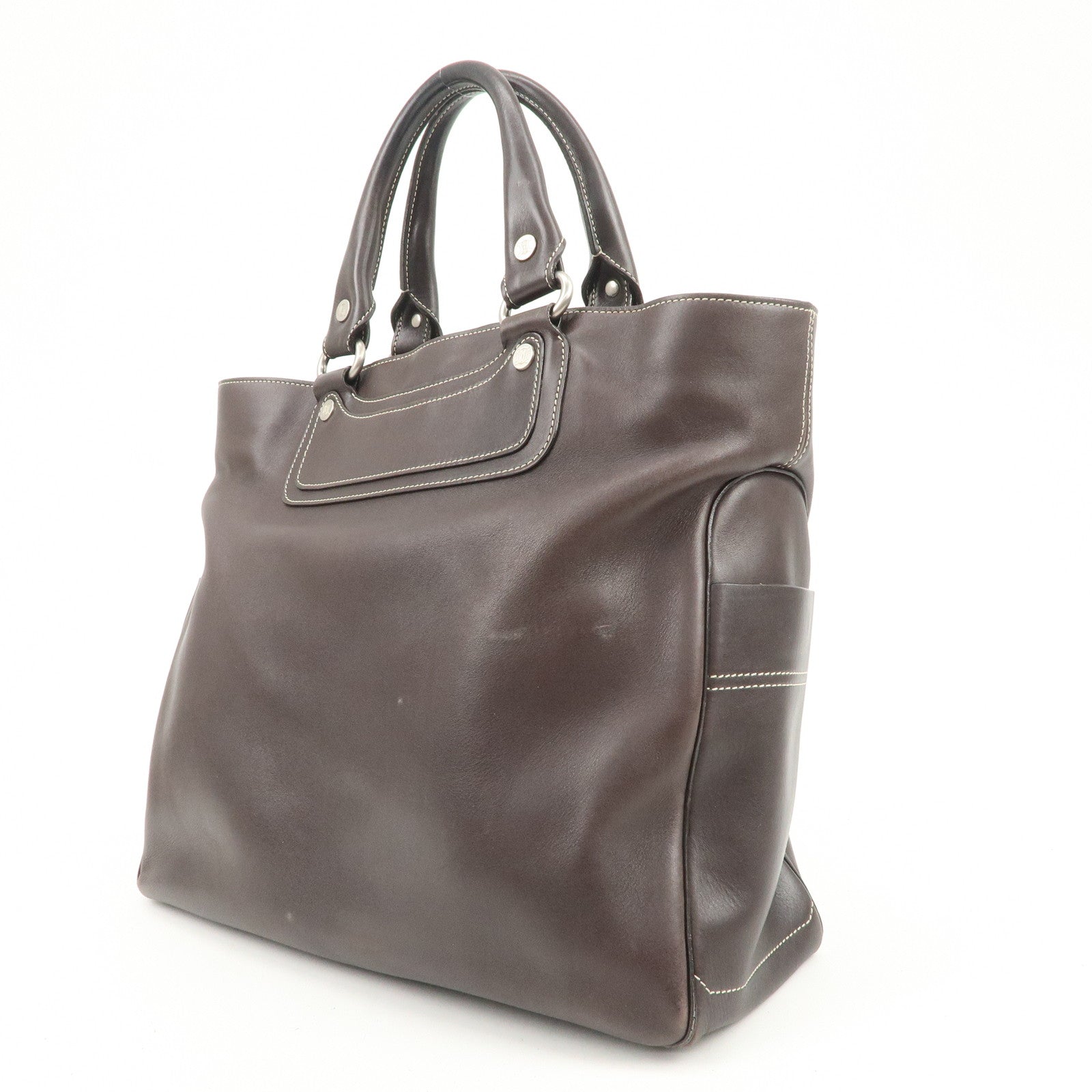 CELINE Macadam Logo Leather Tote Bag Hand Bag Dark Brown