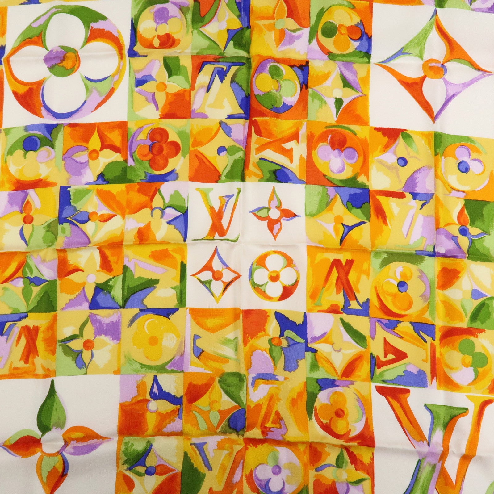 Louis Vuitton Monogram Silk 100％ Scarf White Orange Watercolor