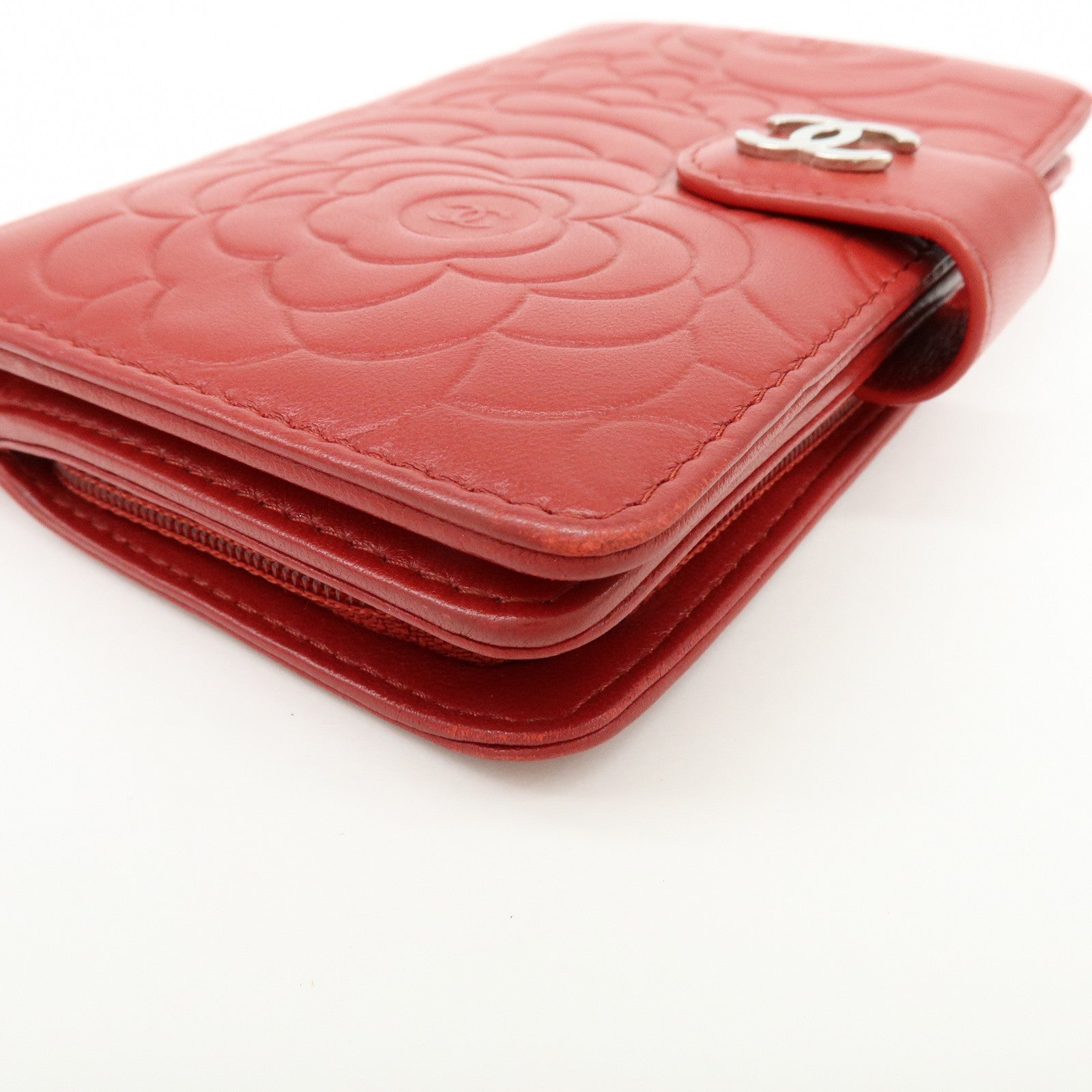 CHANEL Camellia COCO Mark Lamb Skin Bi-fold Compact Wallet Red