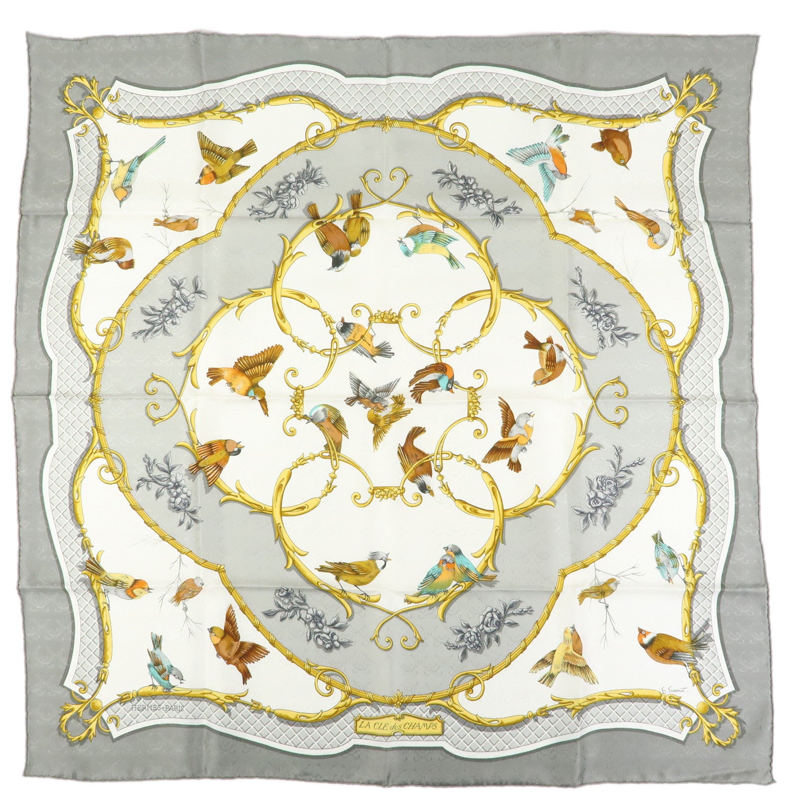HERMES Carre 90 Silk 100% Scarf LA CLE des CHAMPS Gray Gold Brown