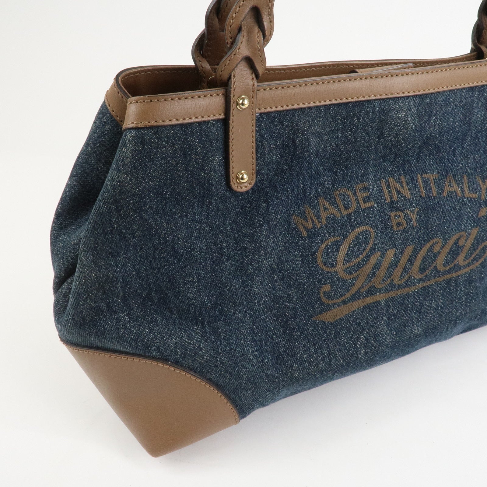 GUCCI Craft Denim Leather Tote Bag Hand Bag Navy Brown 348715