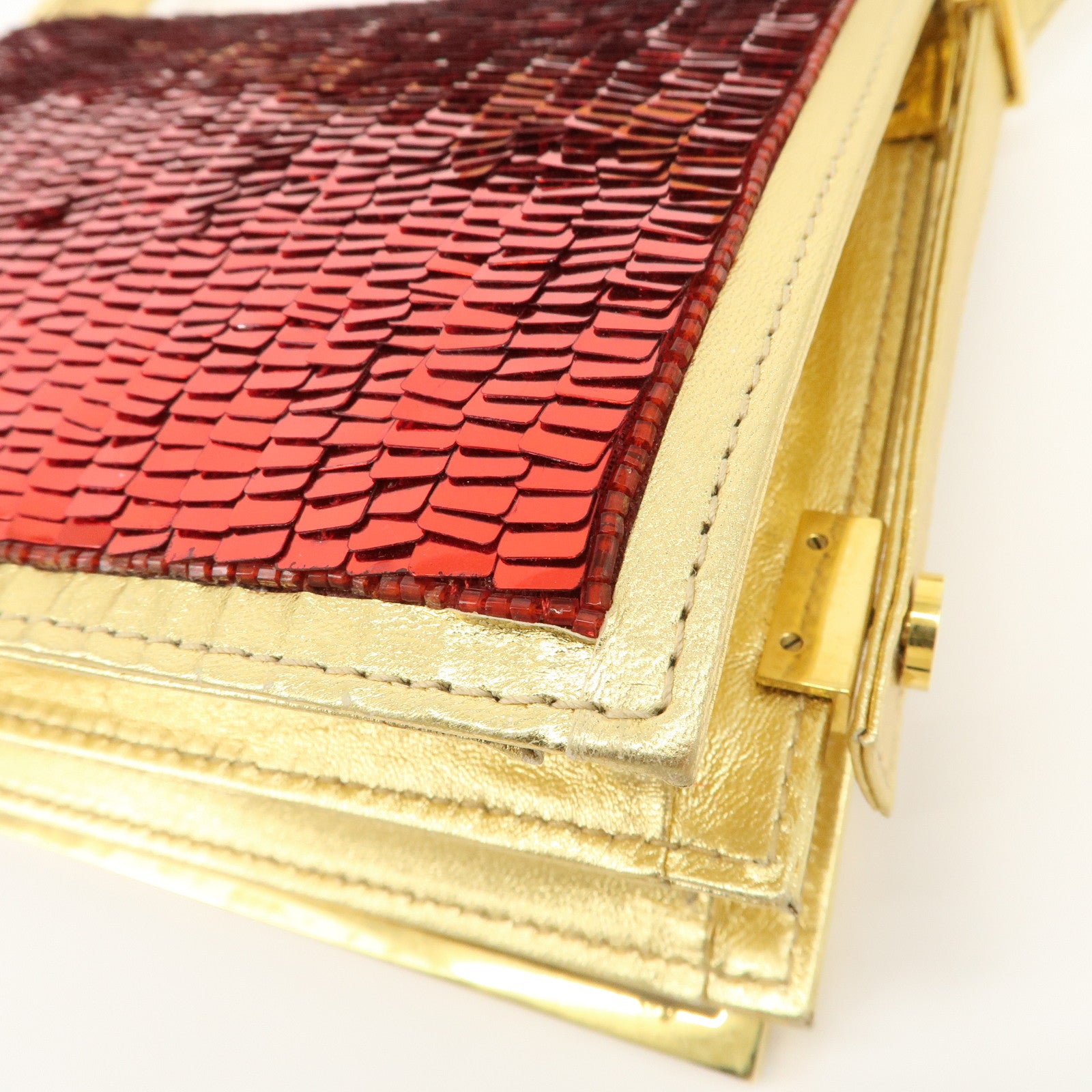 FENDI Leather Sequin Shoulder Bag Crossbody Bag Gold Red Purple