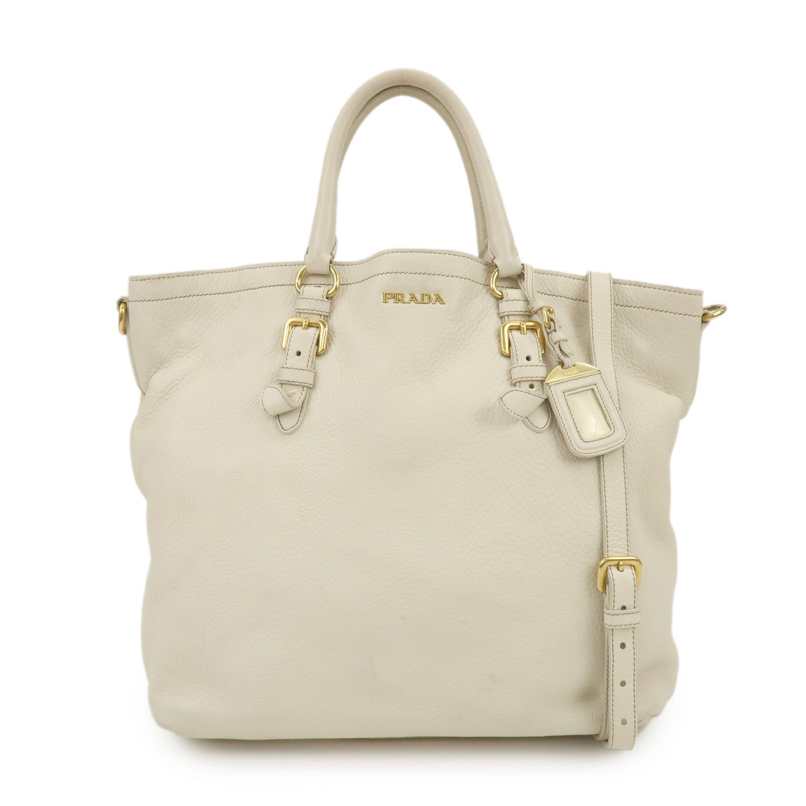 PRADA Logo Leather 2Way Bag Hand Bag Shoulder Bag Ivory