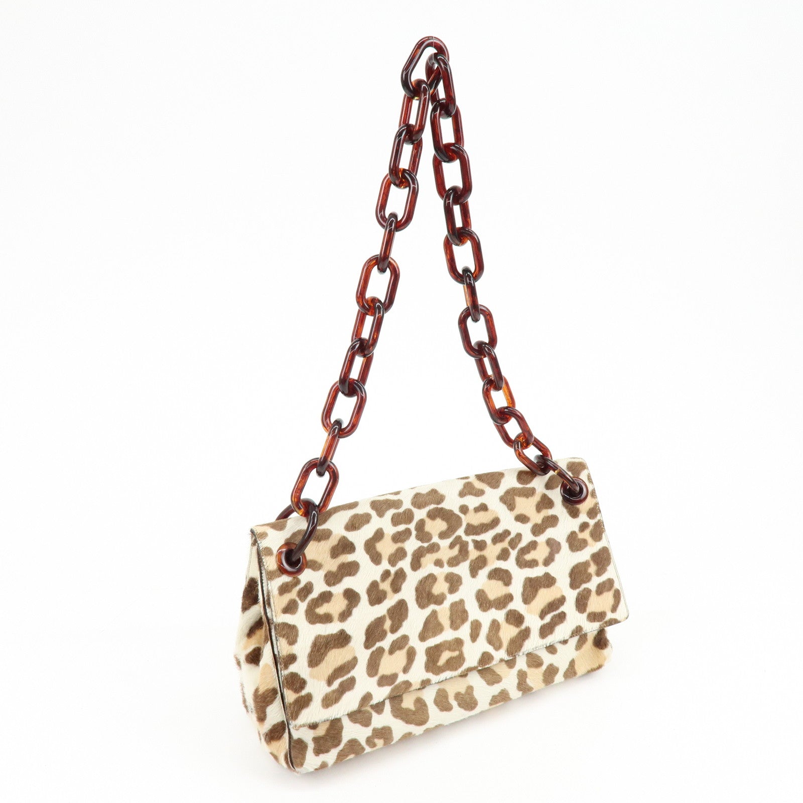 PRADA Triangle Logo Haircalf Plastic Chain Shoulder Bag Beige Brown