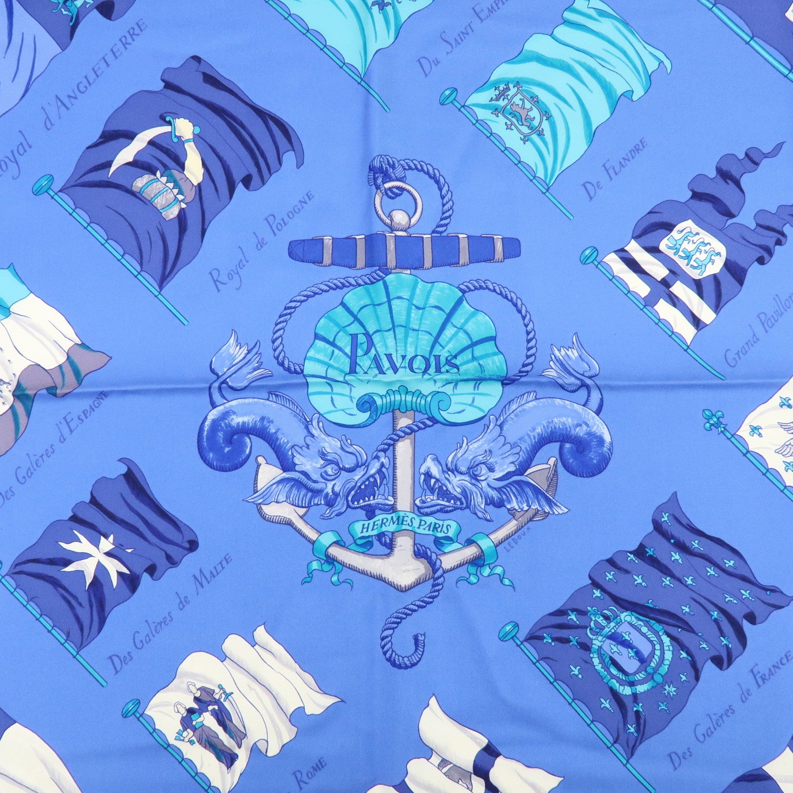 HERMES Carre 90 Silk 100% PAVOIS Scarf Blue