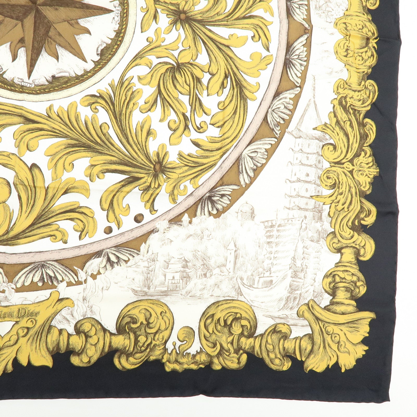 Christian Dior SQUARE Silk 100% Scarf Ivory Gold Black