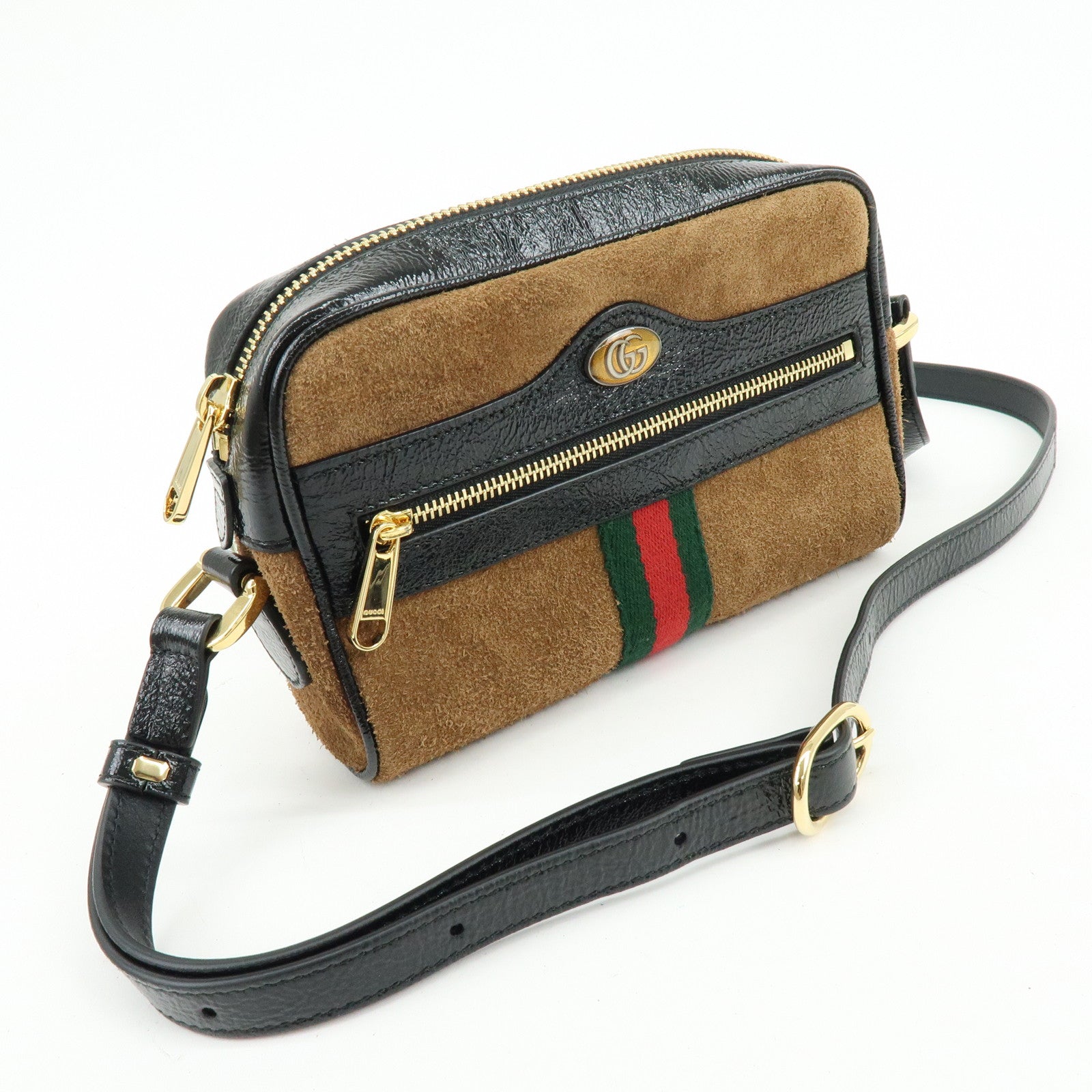 GUCCI Ophidia Sherry Suede Patent Leather Shoulder Bag Brown 573321