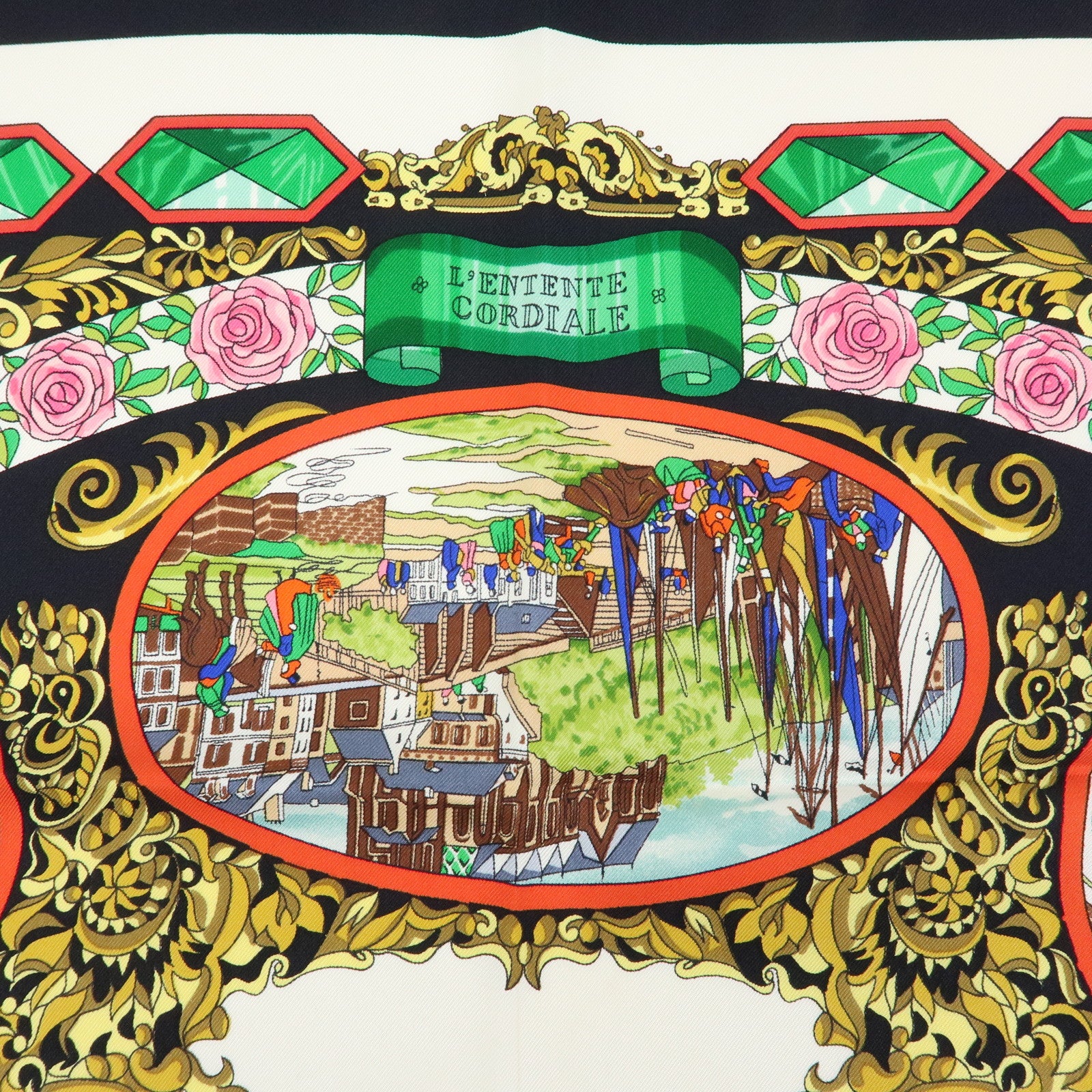 HERMES Carre 90 Silk100% Scarf L'Entente Cordiale Black White Green