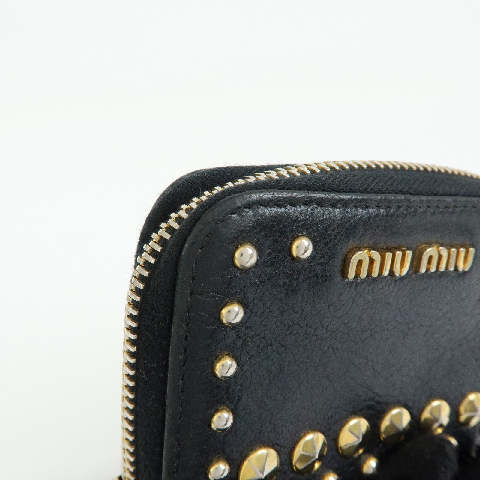 MIU MIU Madras Leather Studs Compact Coin Case Wallet Black