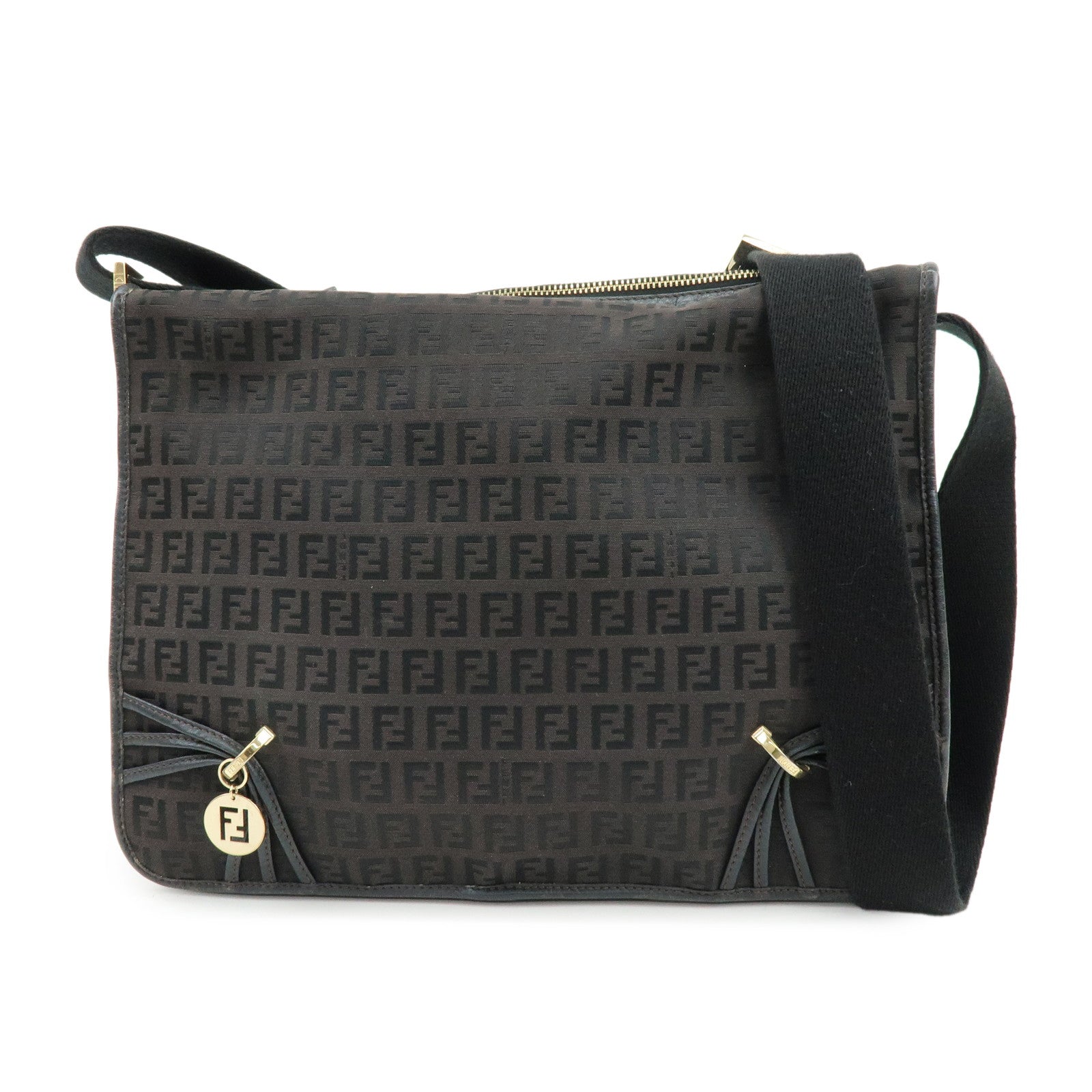 FENDI Zucchino Canvas Leather Shoulder Bag Dark Brown 8BT090