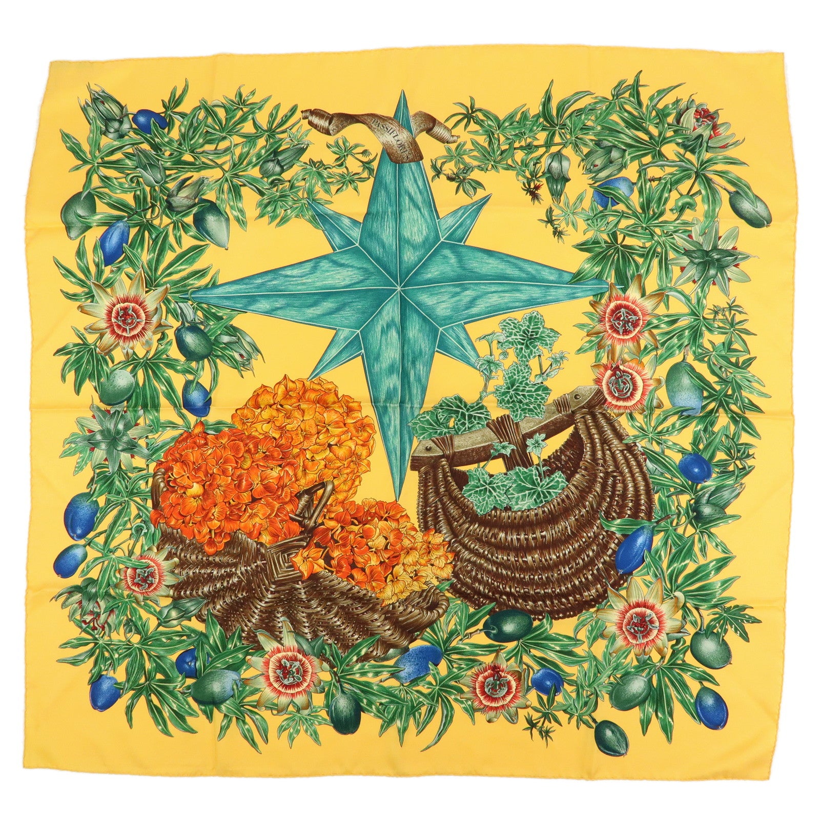 HERMES Carre 90 Silk 100% Scarf PASSIFLORES Orange Green Brown