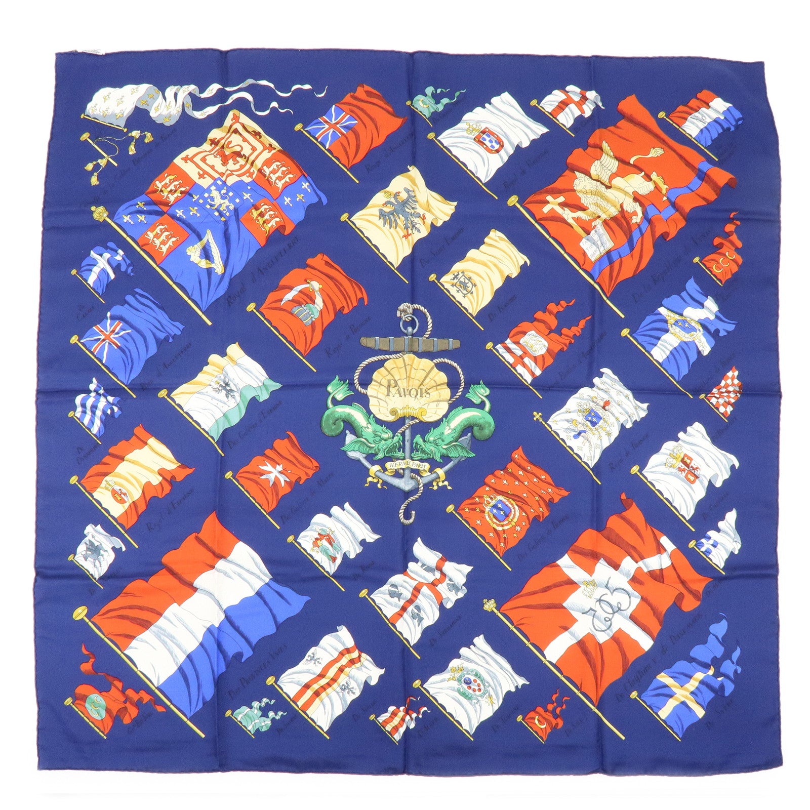 HERMES Carre 90 Silk 100% Scarf PAVOIS Ship Flag Print Navy Red