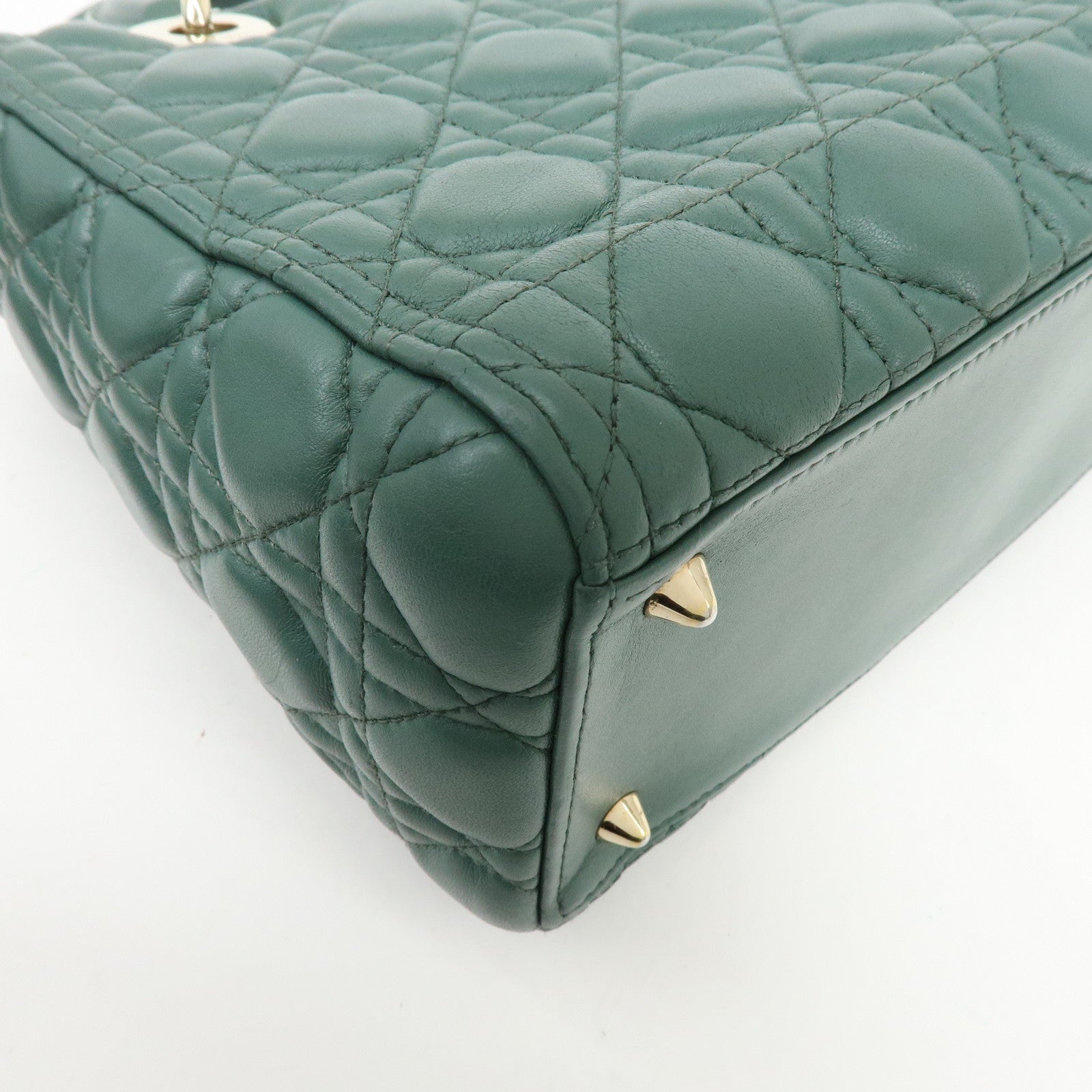 Christian Dior Lady Dior Cannage Lamb Skin 2Way Bag Hand Bag Green