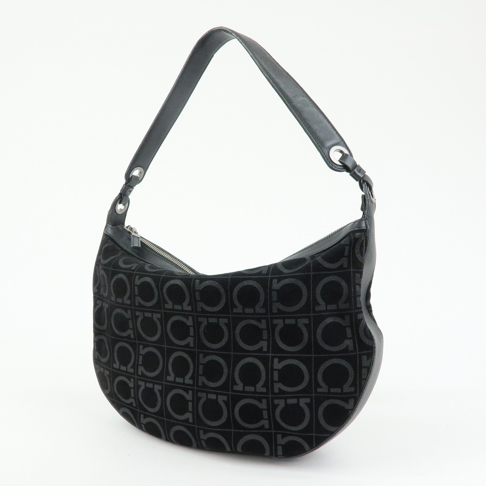 Ferragamo Gancini Suede Leather Shoulder Bag Tote Bag Black
