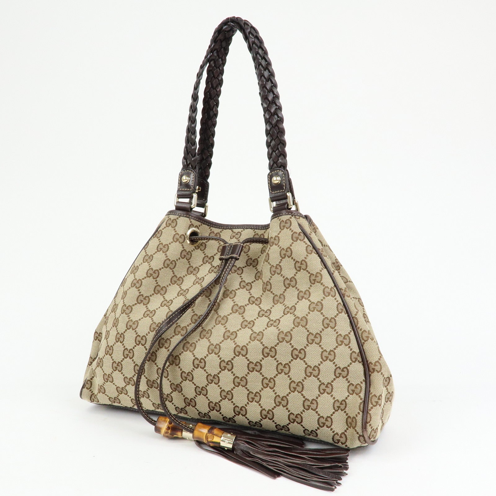 GUCCI Bamboo Fringe GG Canvas Leather Tote Bag Beige Brown 170582