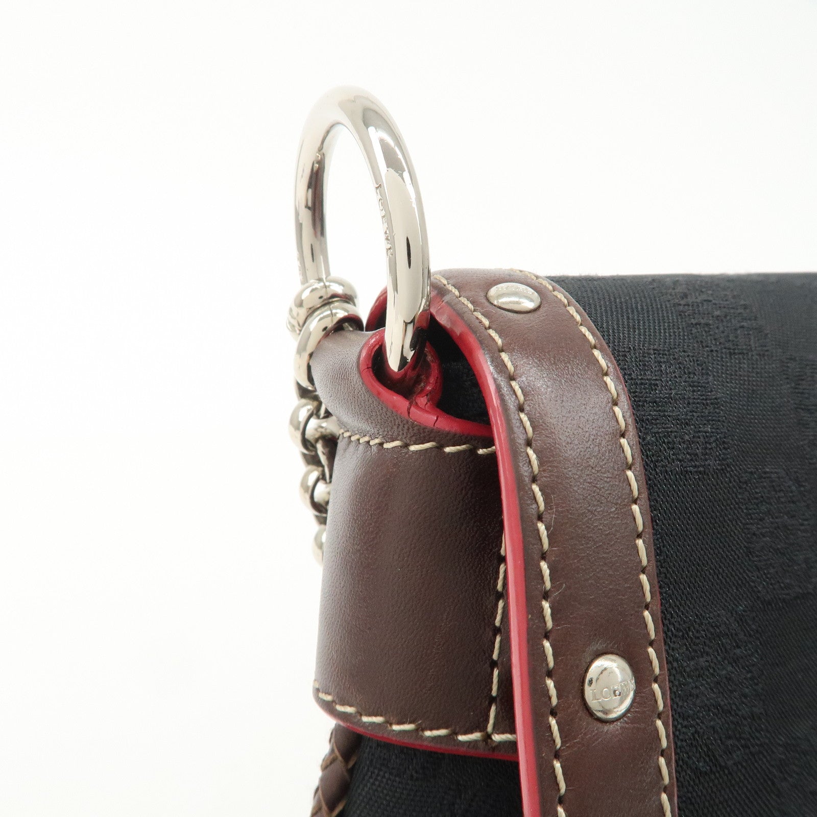 LOEWE Anagram Leather Canvas Chain Shoulder Bag Black Brown