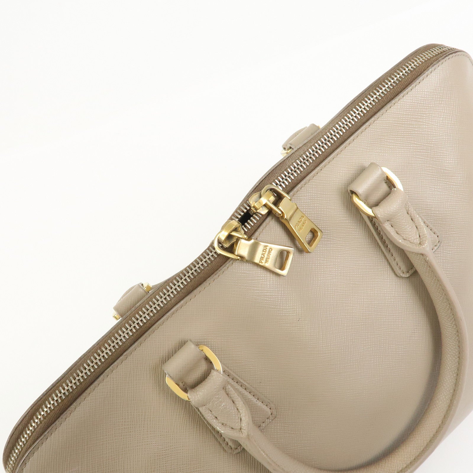 PRADA Triangle Logo Saffiano Leather Hand Bag Greige BL0812