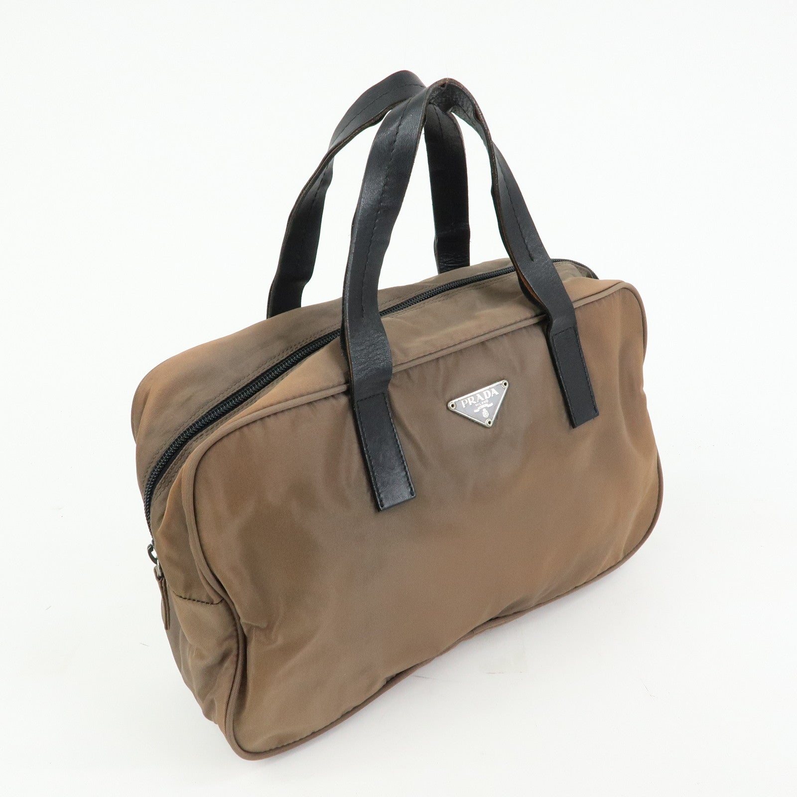 PRADA Triangle Logo Nylon Leather Hand Bag Brown Black