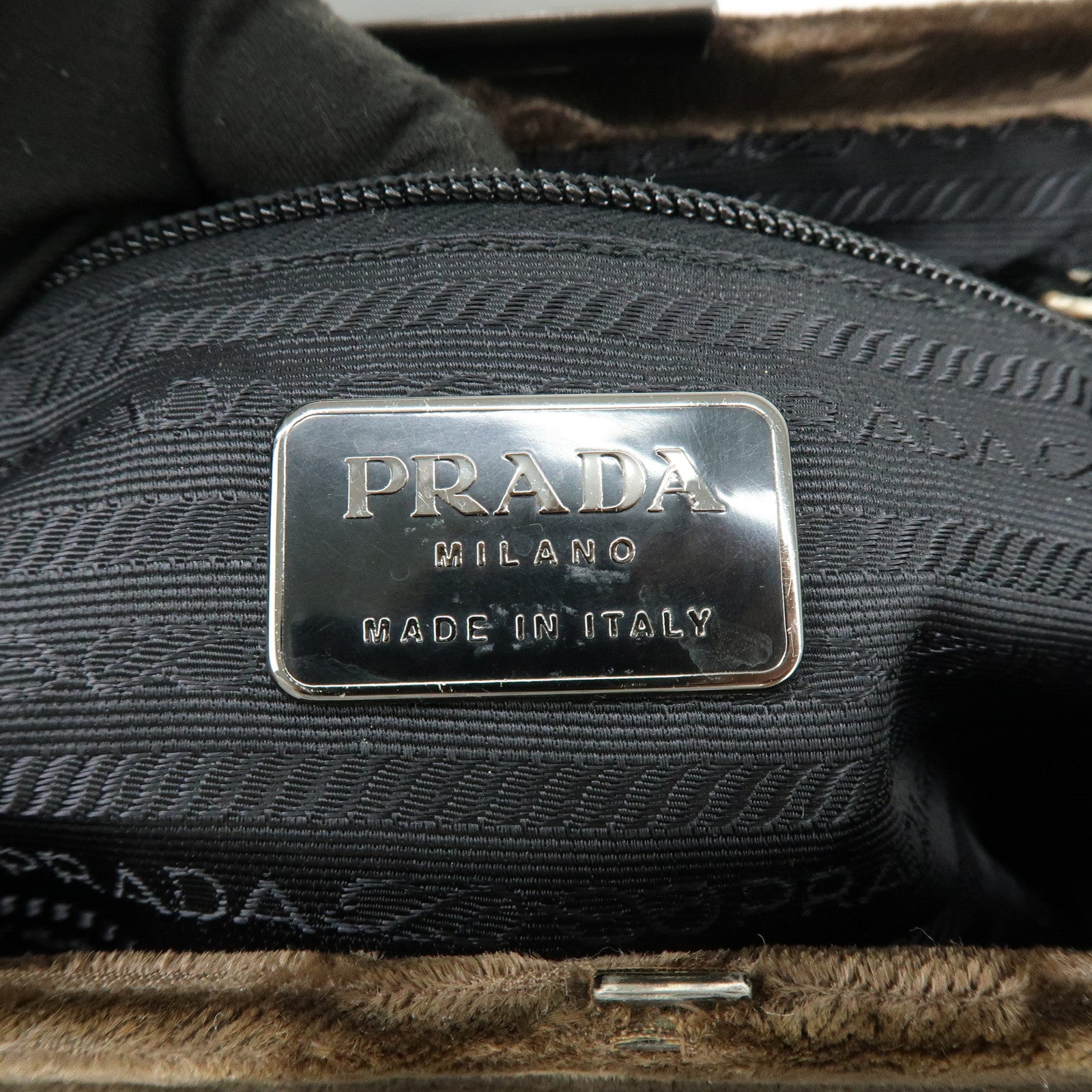 PRADA Logo Velour Hand Bag Brown B7641