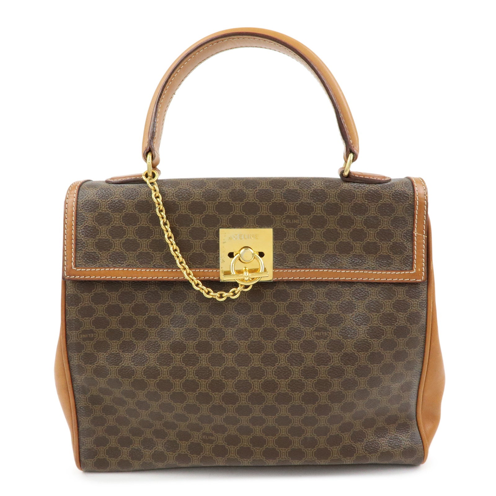 CELINE Macadam PVC Leather Hand Bag Top Handle Flap Bag Brown