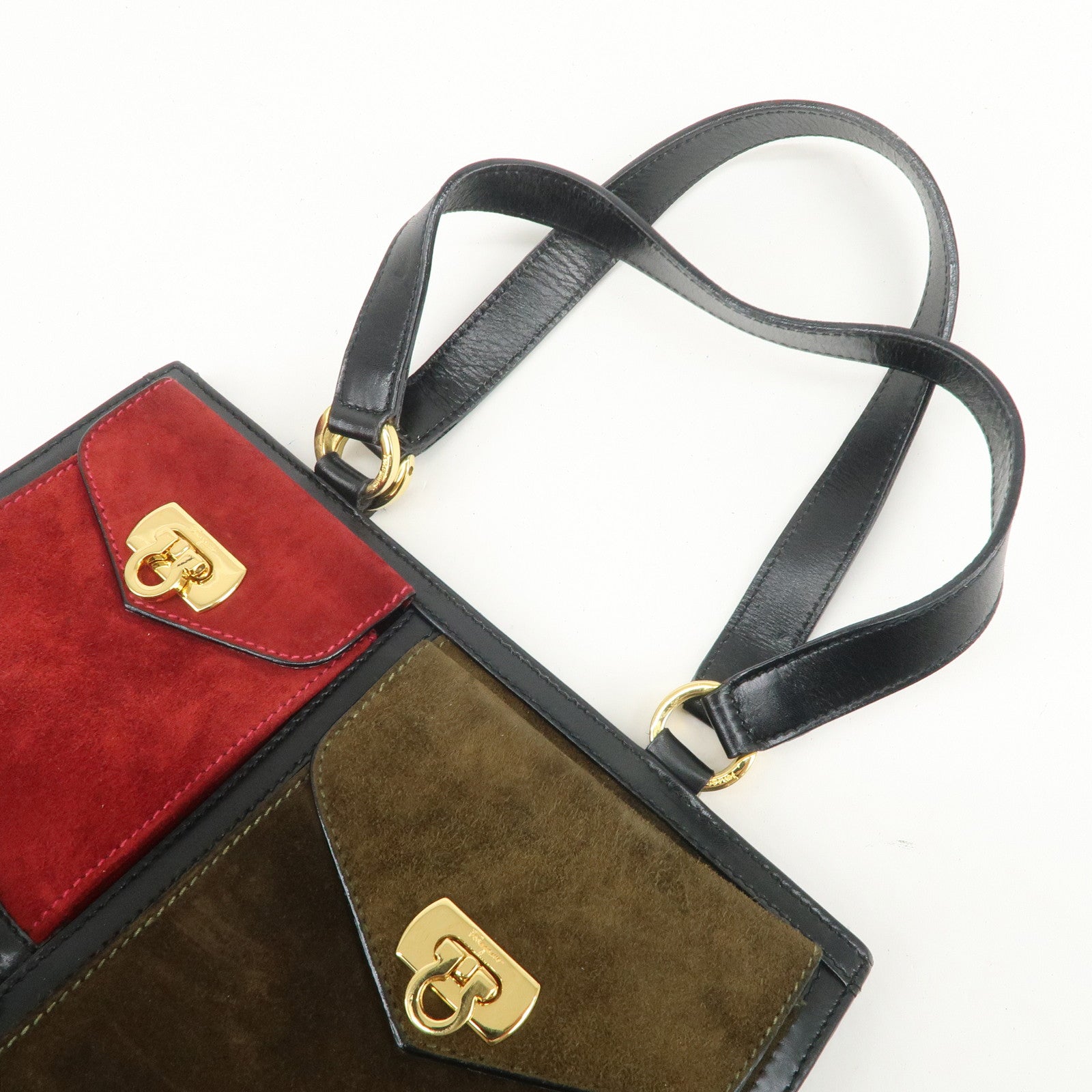 Ferragamo Gancini Suede Leather Hand Bag Tote Bag Black Khaki Red