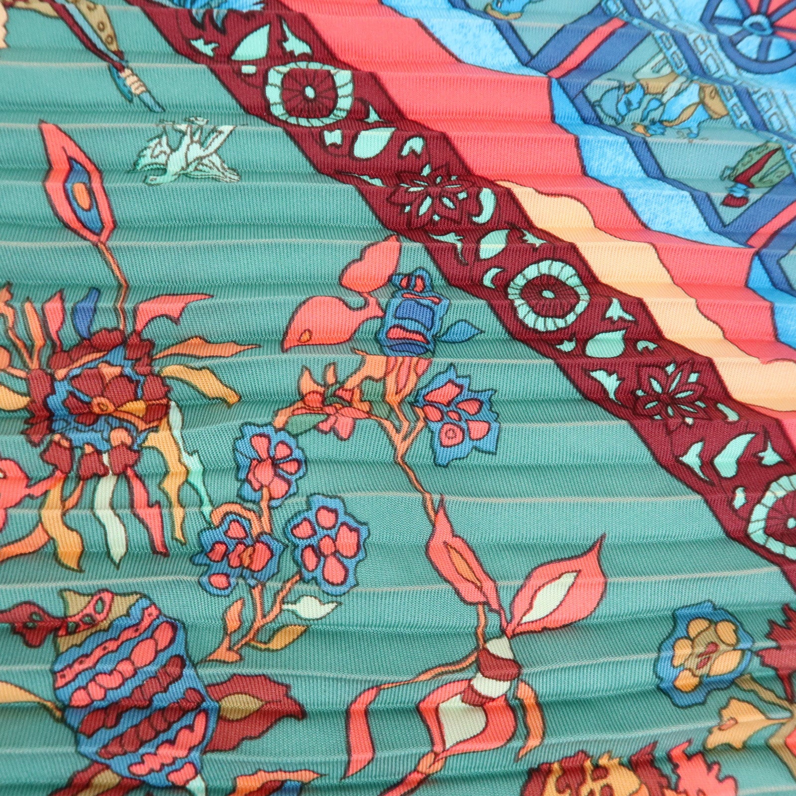 HERMES Pleated Carre 90 Set of 2 Silk 100% Scarf Green Pink