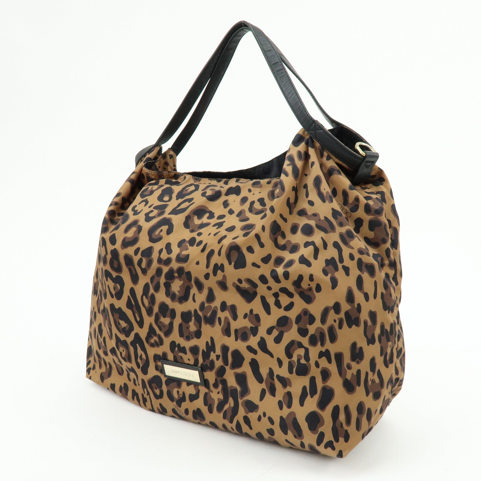 JIMMY CHOO Nylon Leather Shoulder Bag Hand Bag Animal Print Brown