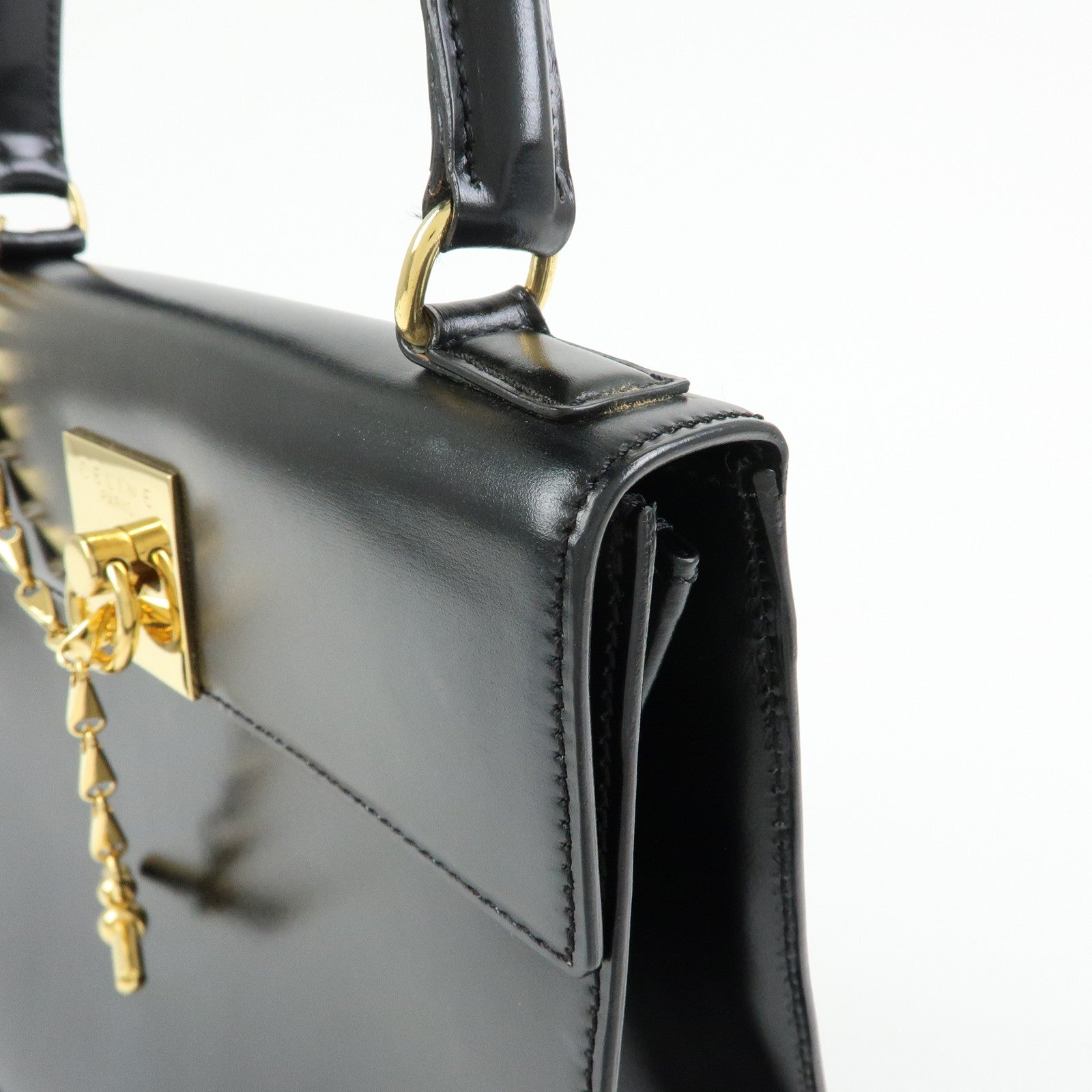 CELINE Leather Hand Bag Top-handle Bag Black Gold Chain