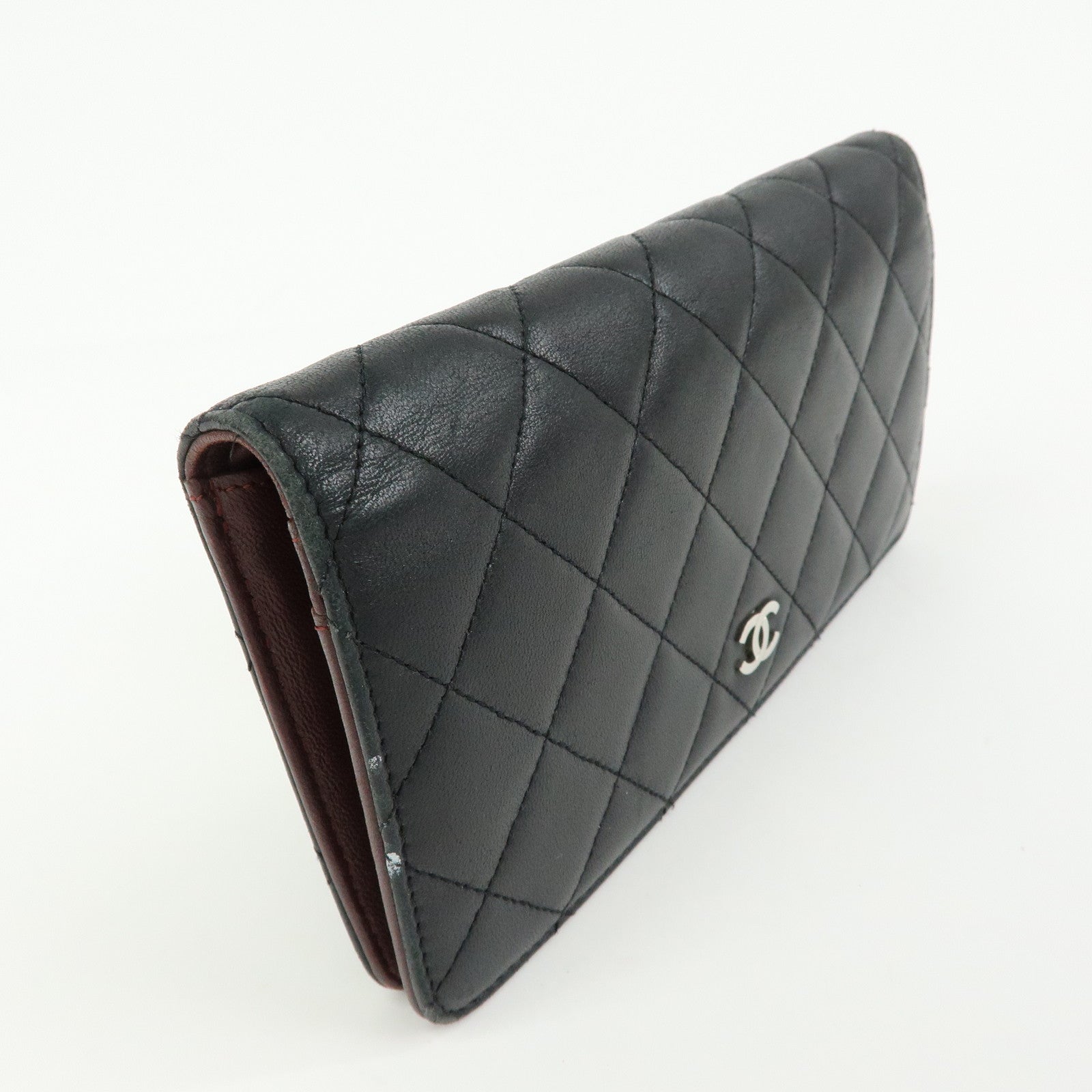 CHANEL Matelasse COCO Mark Lamb Skin Flap Bi-fold Long Wallet Black