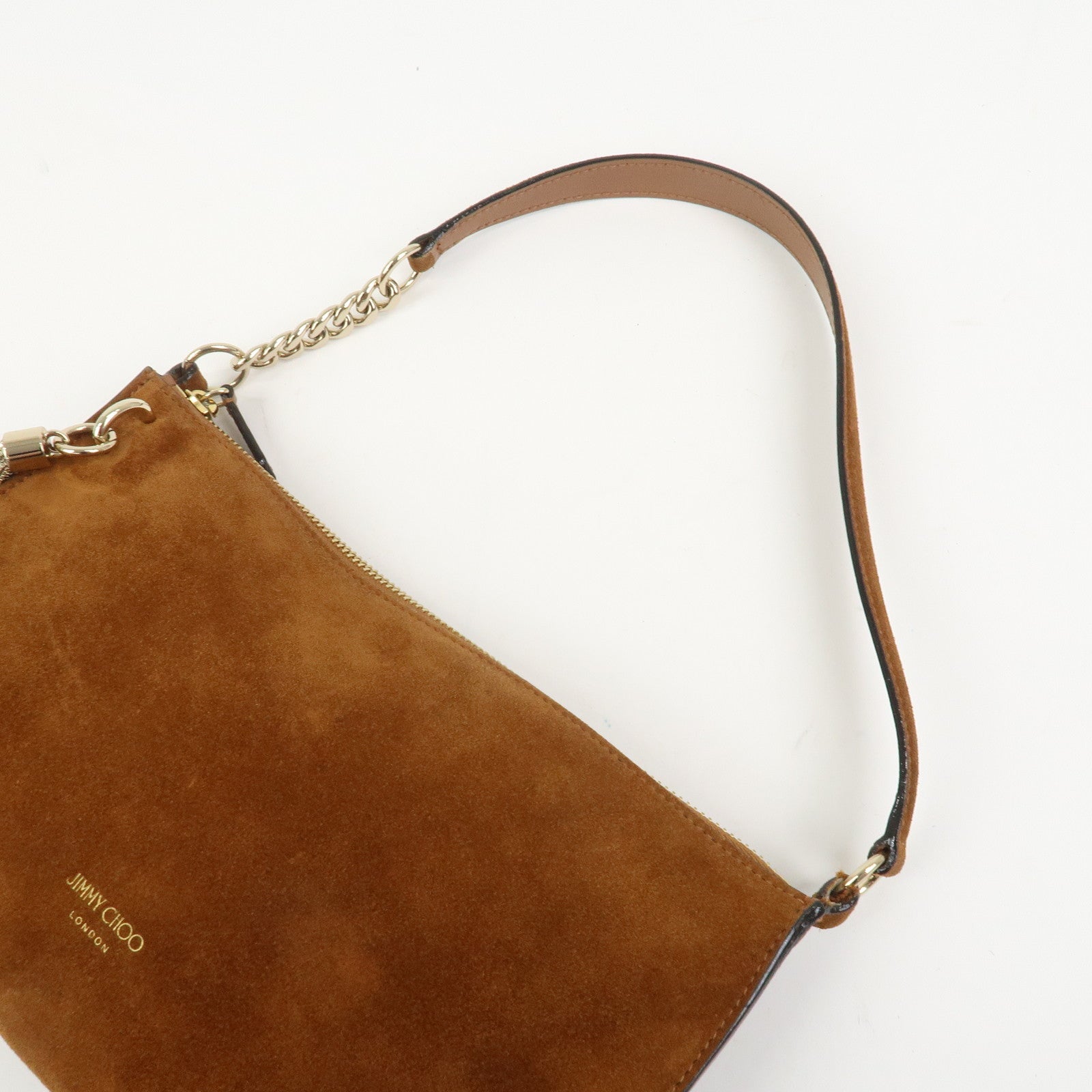JIMMY CHOO Suede Leather Chain Shoulder Bag Hand Bag Brown