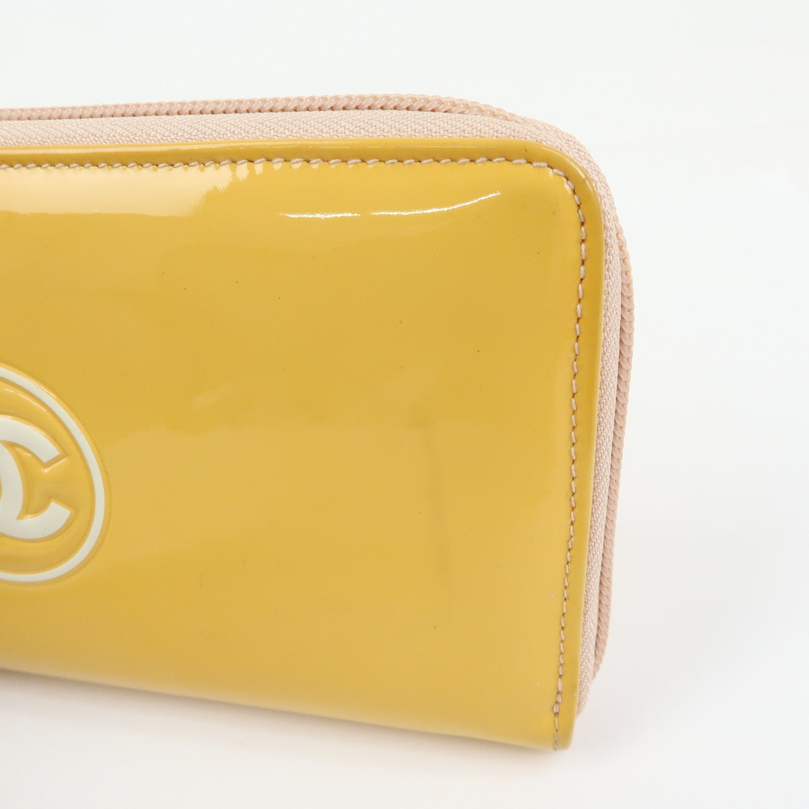 CHANEL Makeup COCO Mark Patent Leather Long Wallet Yellow