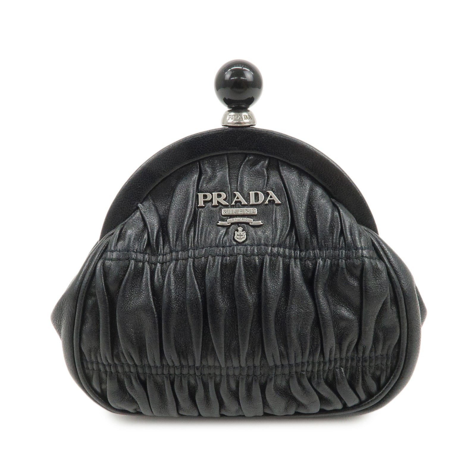 PRADA Logo Gathered Leather Pouch Compact Wallet Coin Case Black