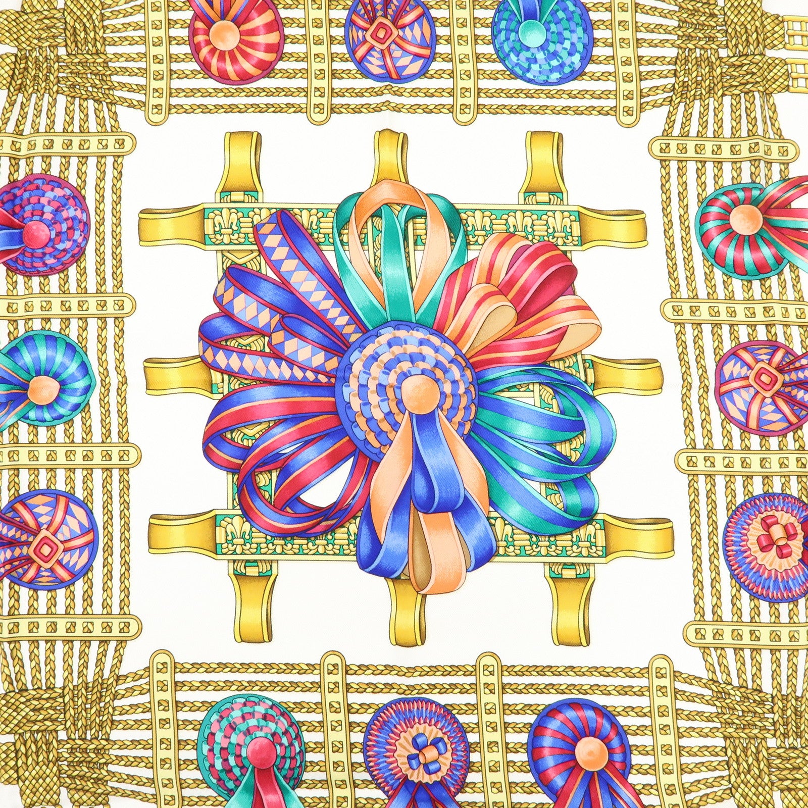 HERMES Carre 90 Silk 100% Scarf LES RUBANS DU CHEVAL Navy Gold
