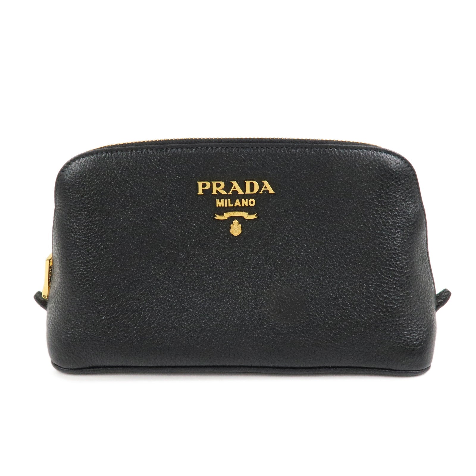PRADA Logo Vitello Daino Leather Cosmetic Pouch Black 1NA024