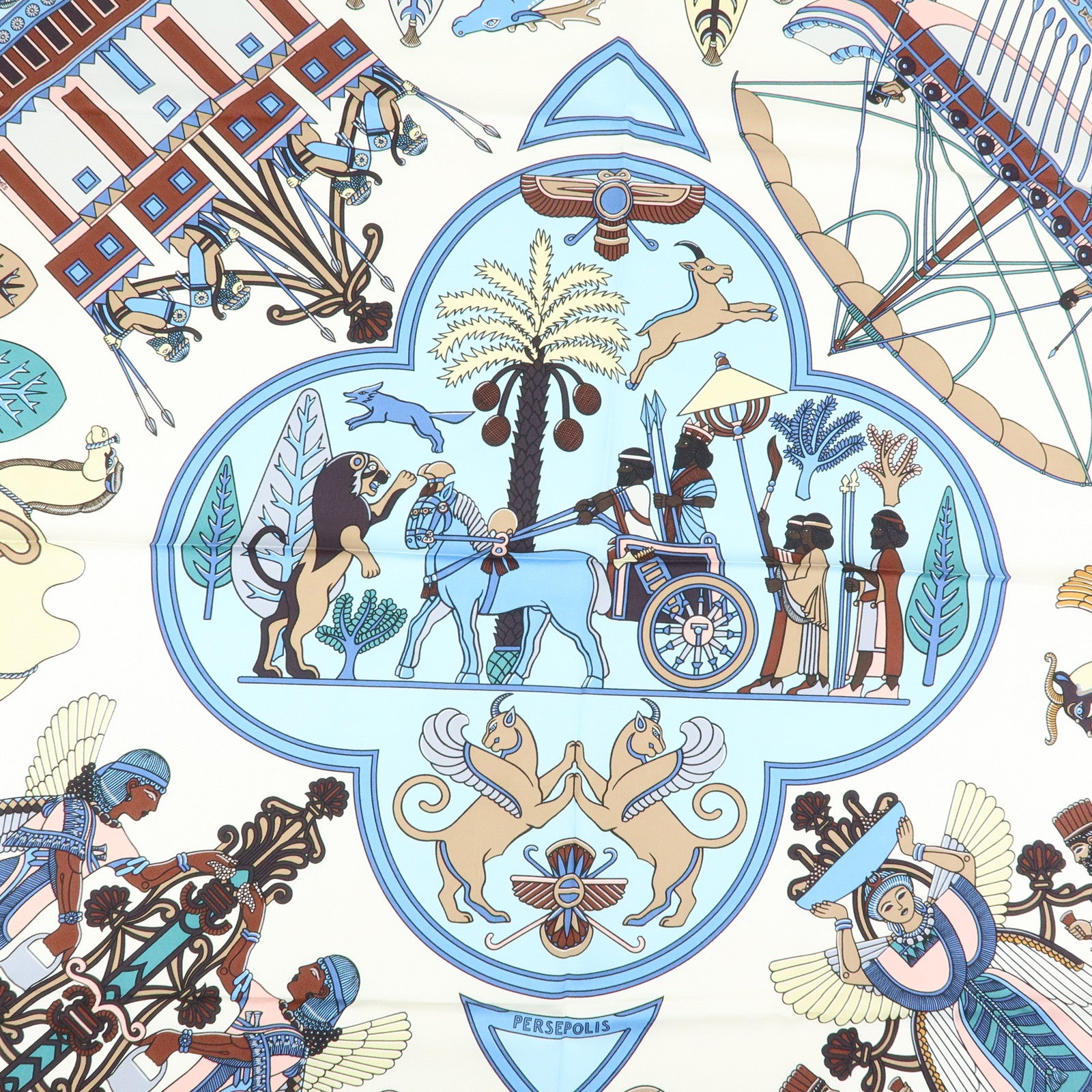 HERMES Carre 90 Silk 100% Scarf PERSEPOLIS Persian Print Brown Blue