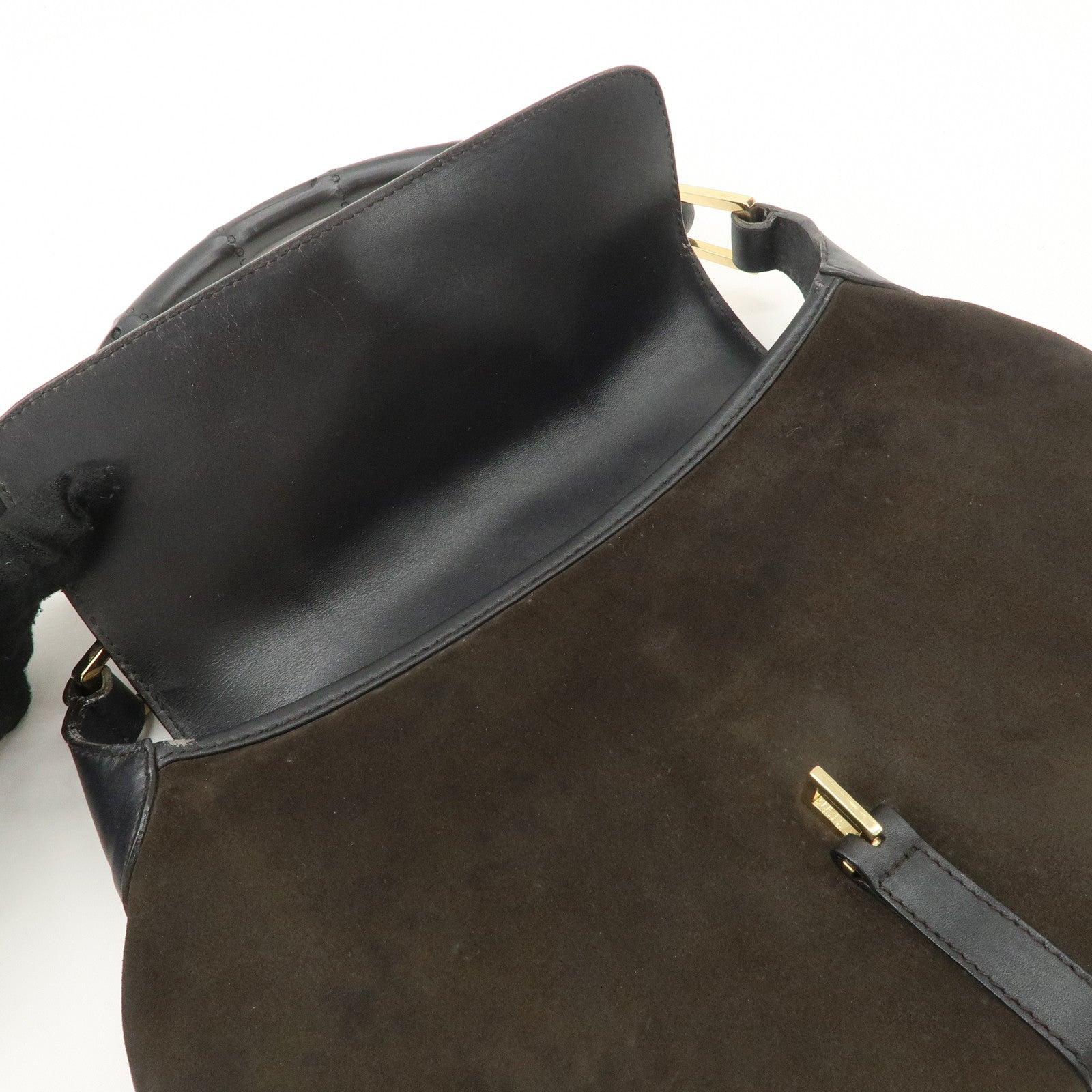 GUCCI Bamboo Leather Shoulder Bag Black Gold HDW 001.4096 Used