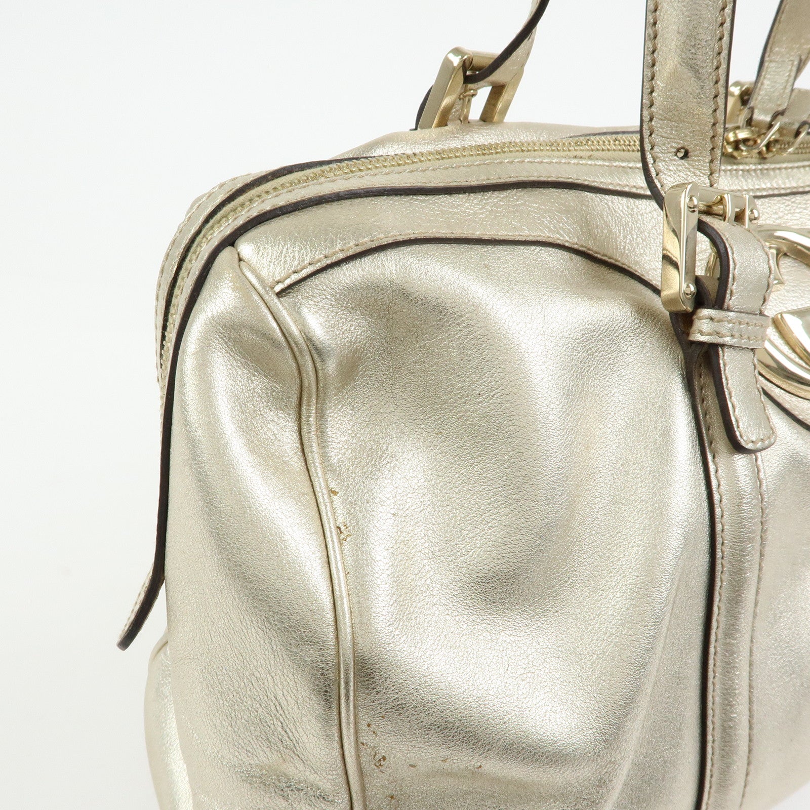 GUCCI Interlocking G Leather Boston Bag Hand Bag Gold 170010