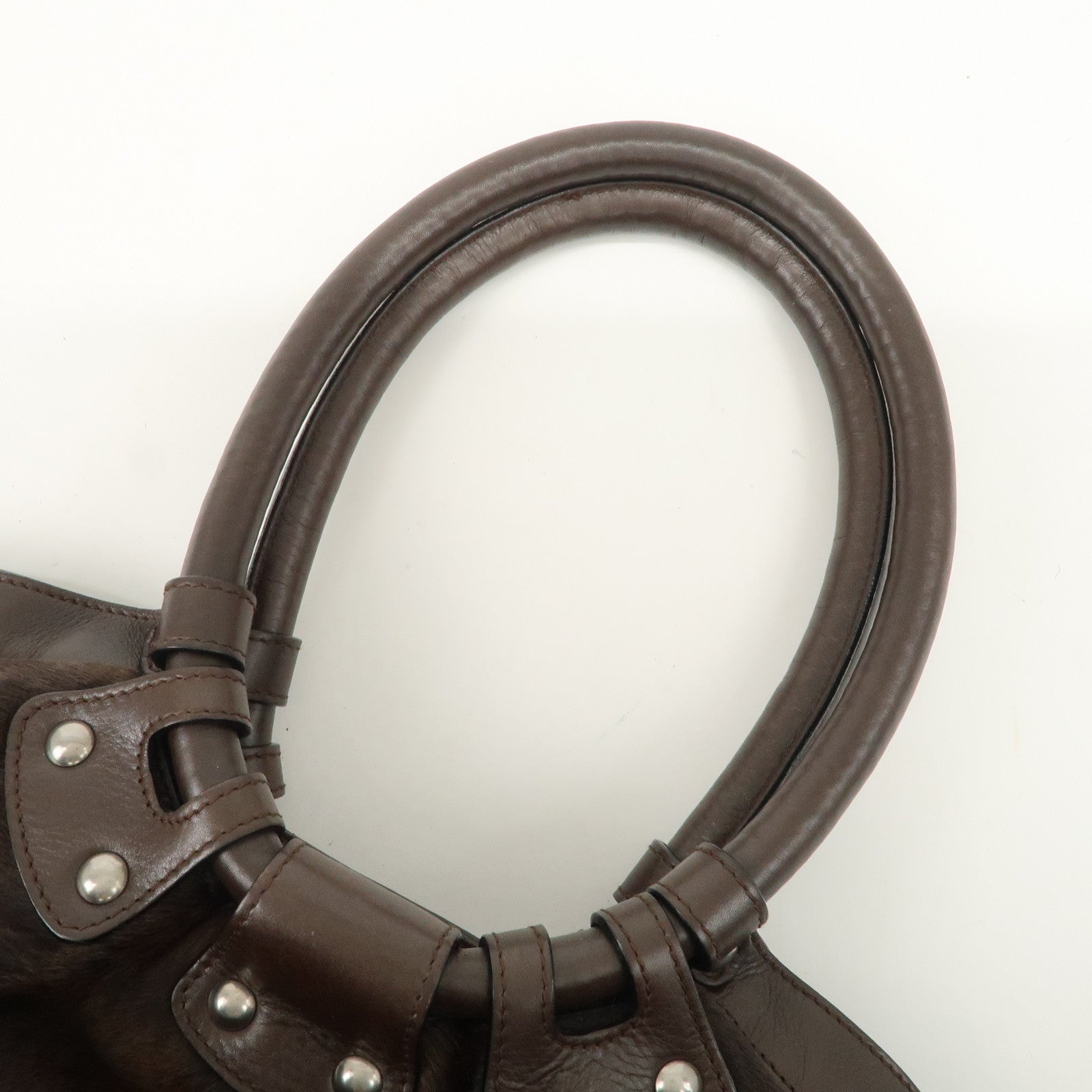 Ferragamo Gancini Unborn Calf Leather Hand Bag Dark Brown Used