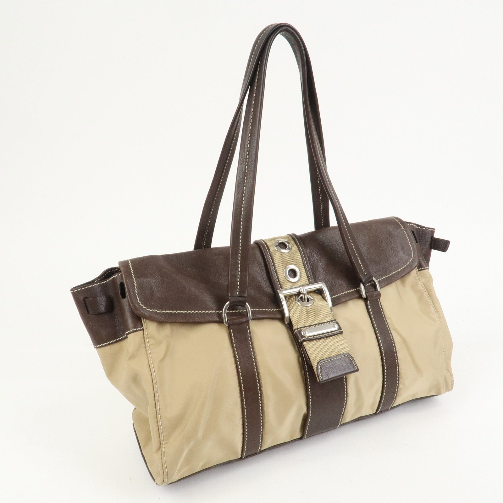 PRADA Triangle Logo Leather Nylon Shoulder Bag Brown BR2418