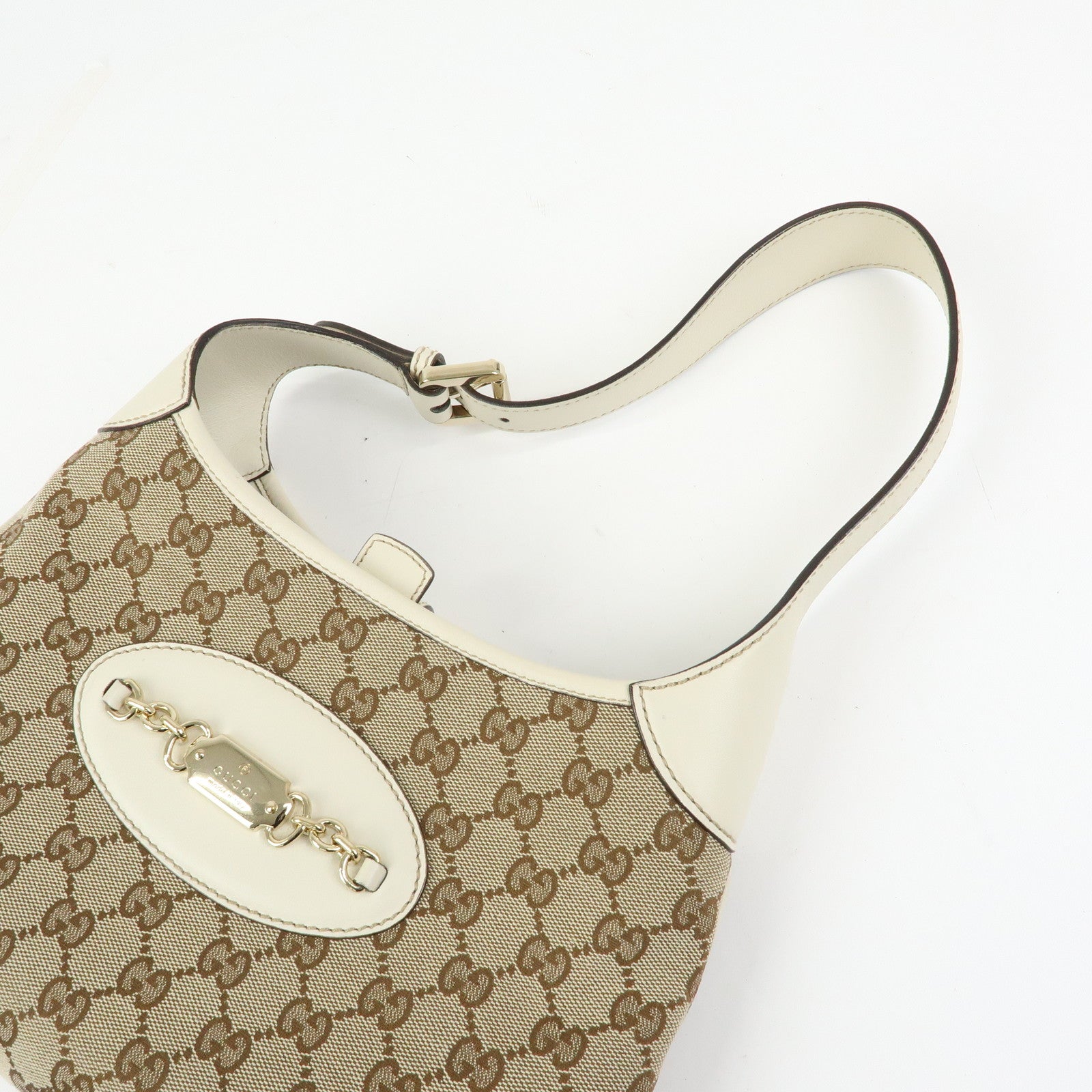 GUCCI GG Monogram Canvas Leather Shoulder Bag Beige White 145778