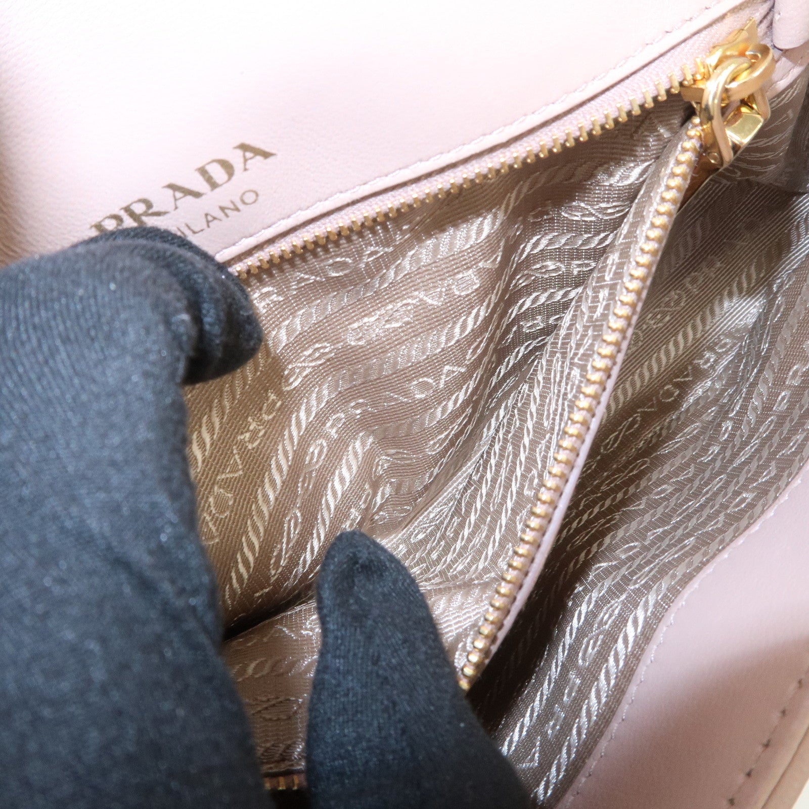 PRADA Logo Leather Gathered Chain Shoulder Bag Pink Beige 1BD147