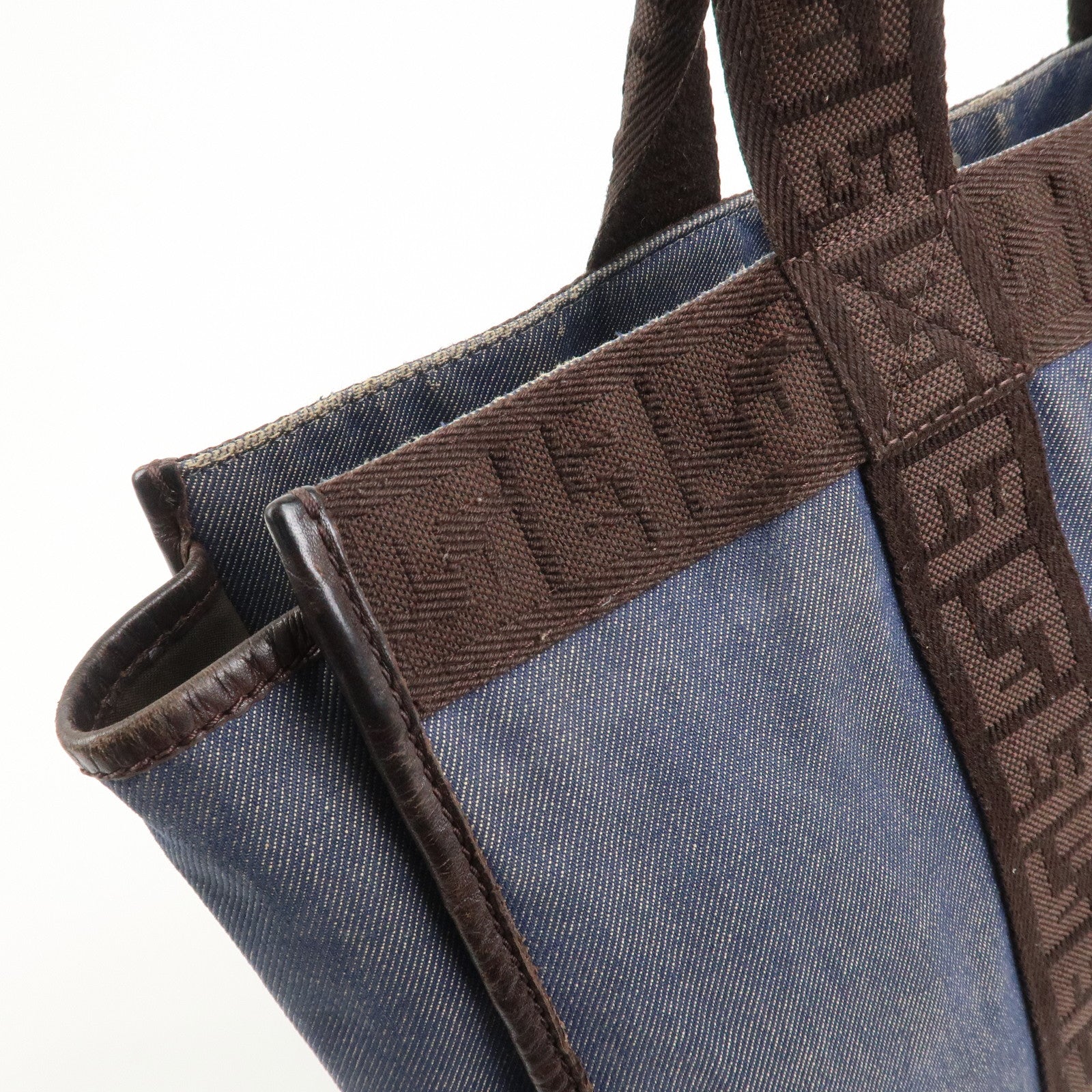 FENDI Denim Tote Bag Shoulder Bag Navy Brown 8BH165