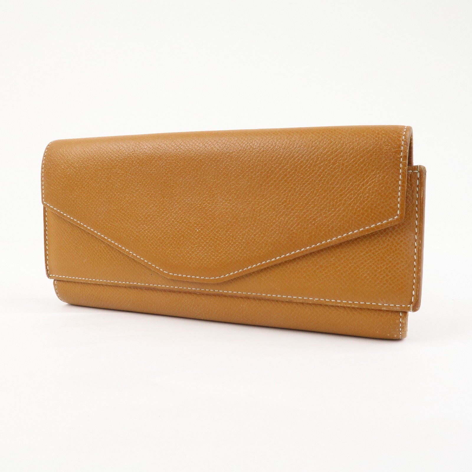 HERMES Logo Leather Passant X Stamped Flap Long Wallet Brown