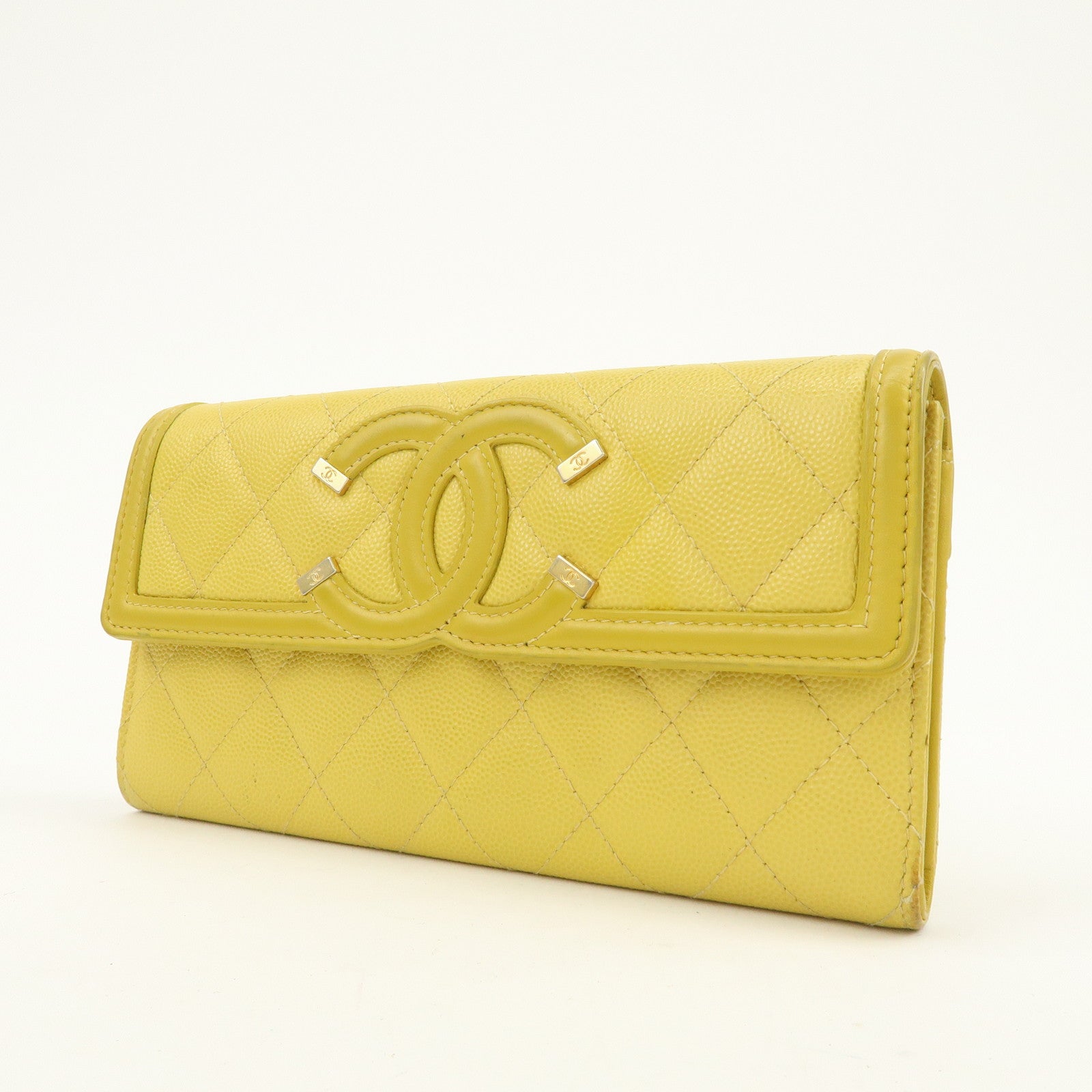 CHANEL CC Filigree Caviarskin Leather Long Wallet Yellow A84448
