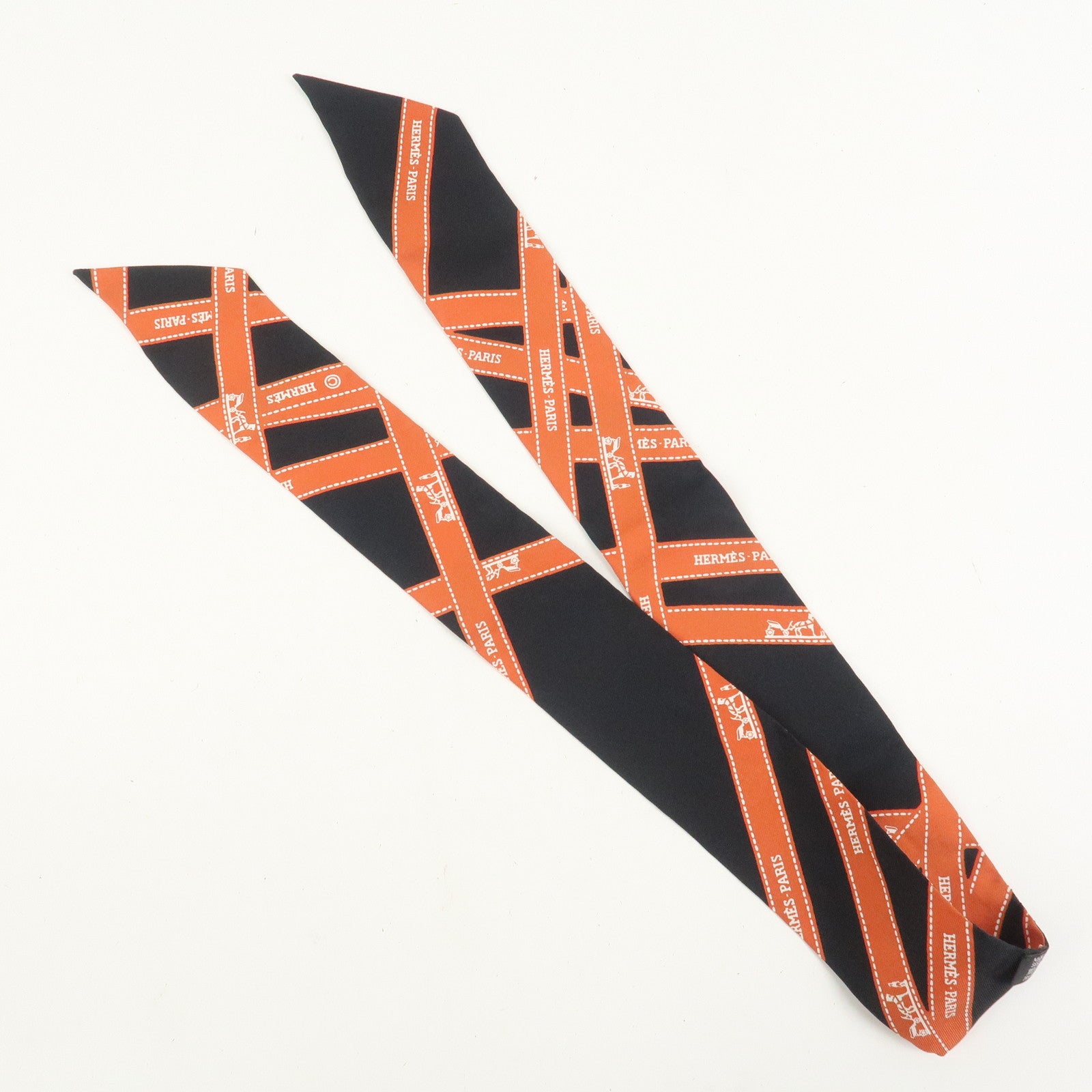 HERMES Twilly Silk 100% Bolduc Scarf Black Orange