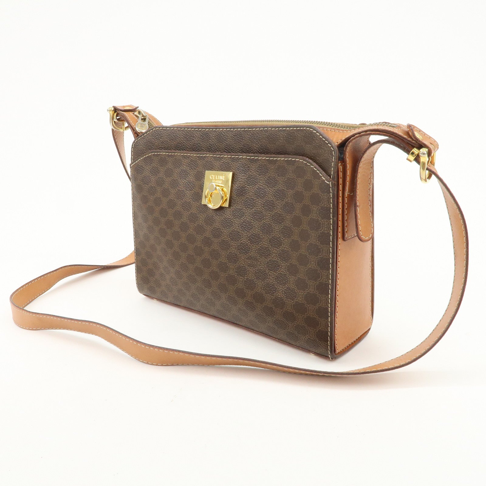 CELINE Macadam Logo PVC Leather Shoulder Bag Brown Gold