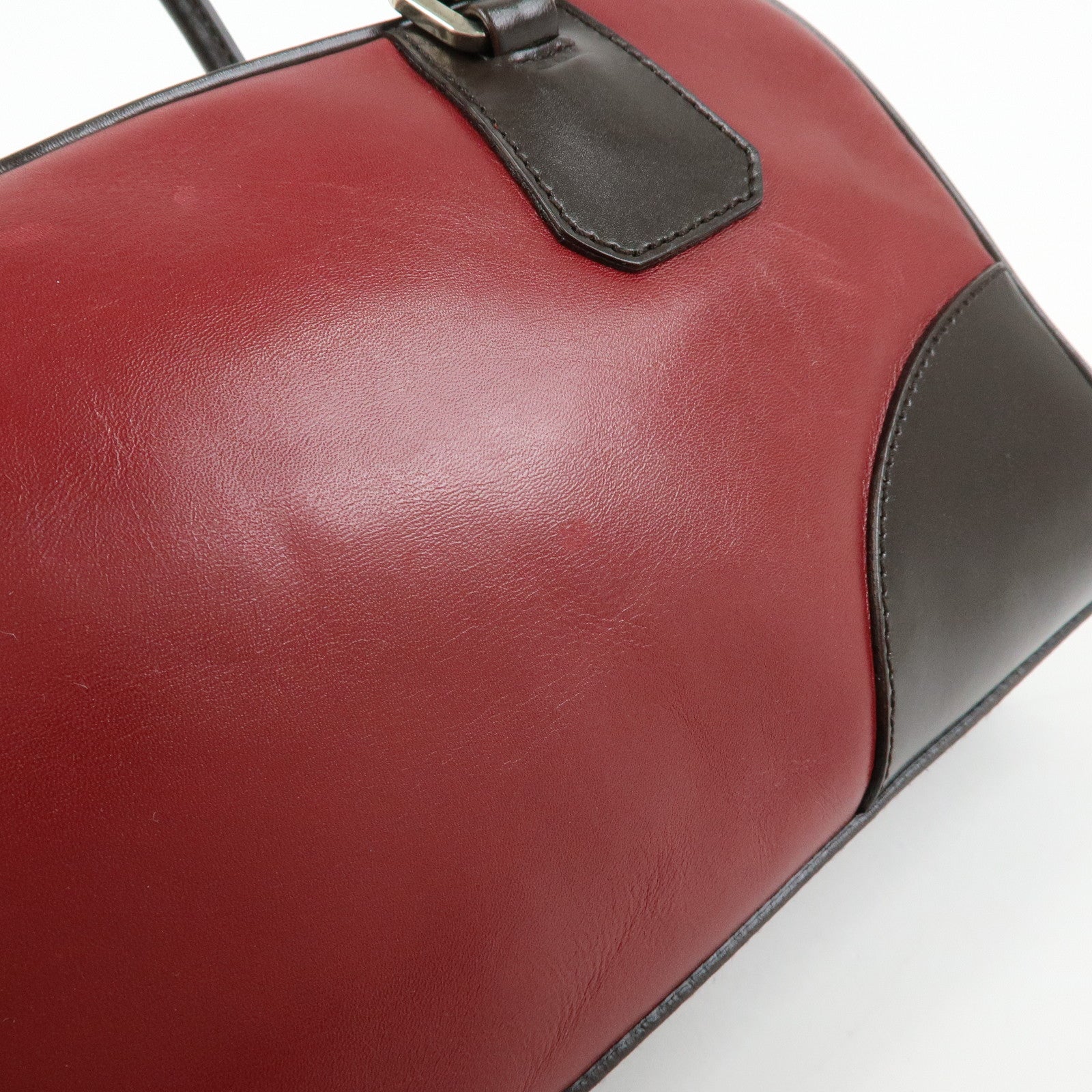 PRADA Leather Bicolor Hand Bag Mini Boston Bag Red Brown